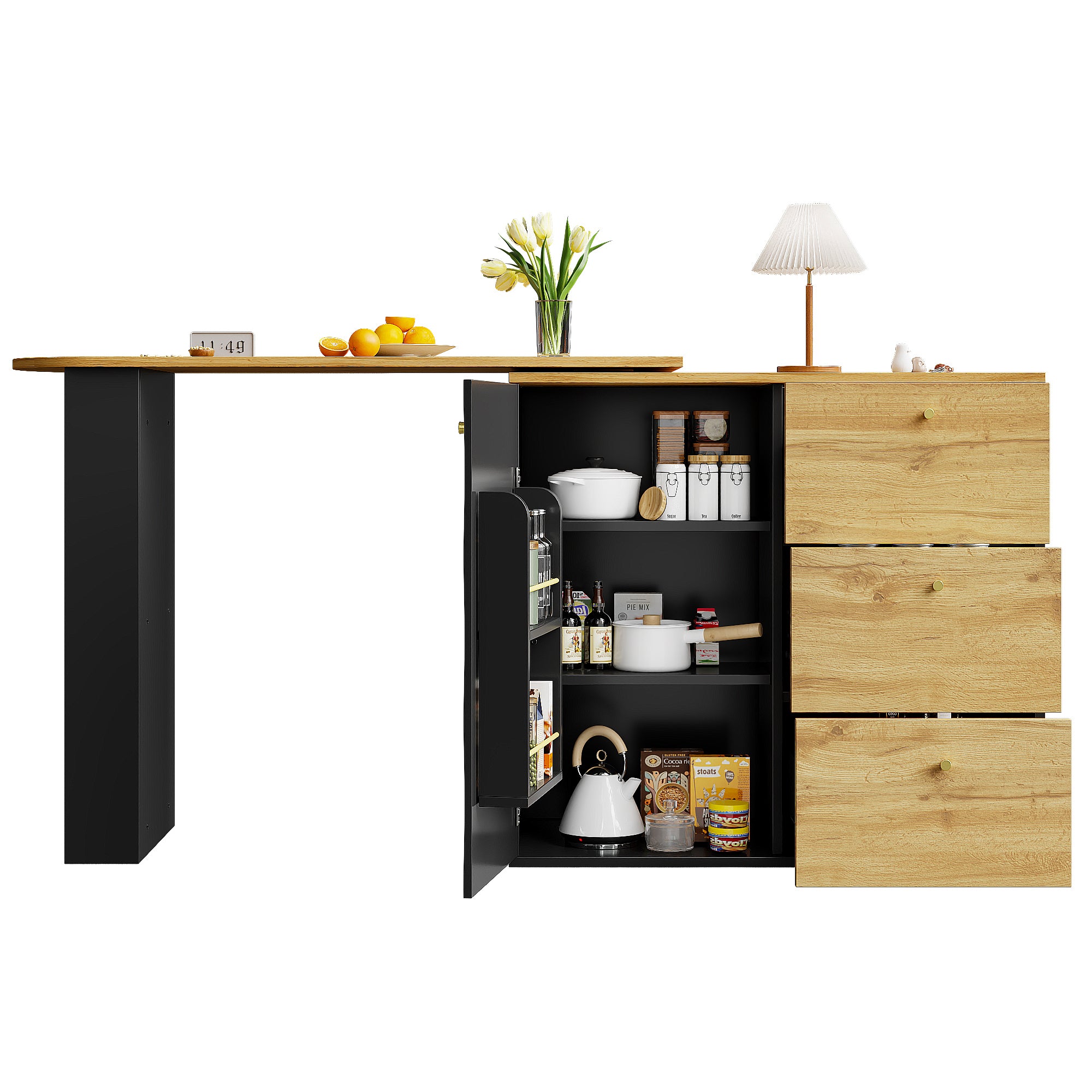 Extendable Bar Table 360° Rotating Storage - Wood Grain