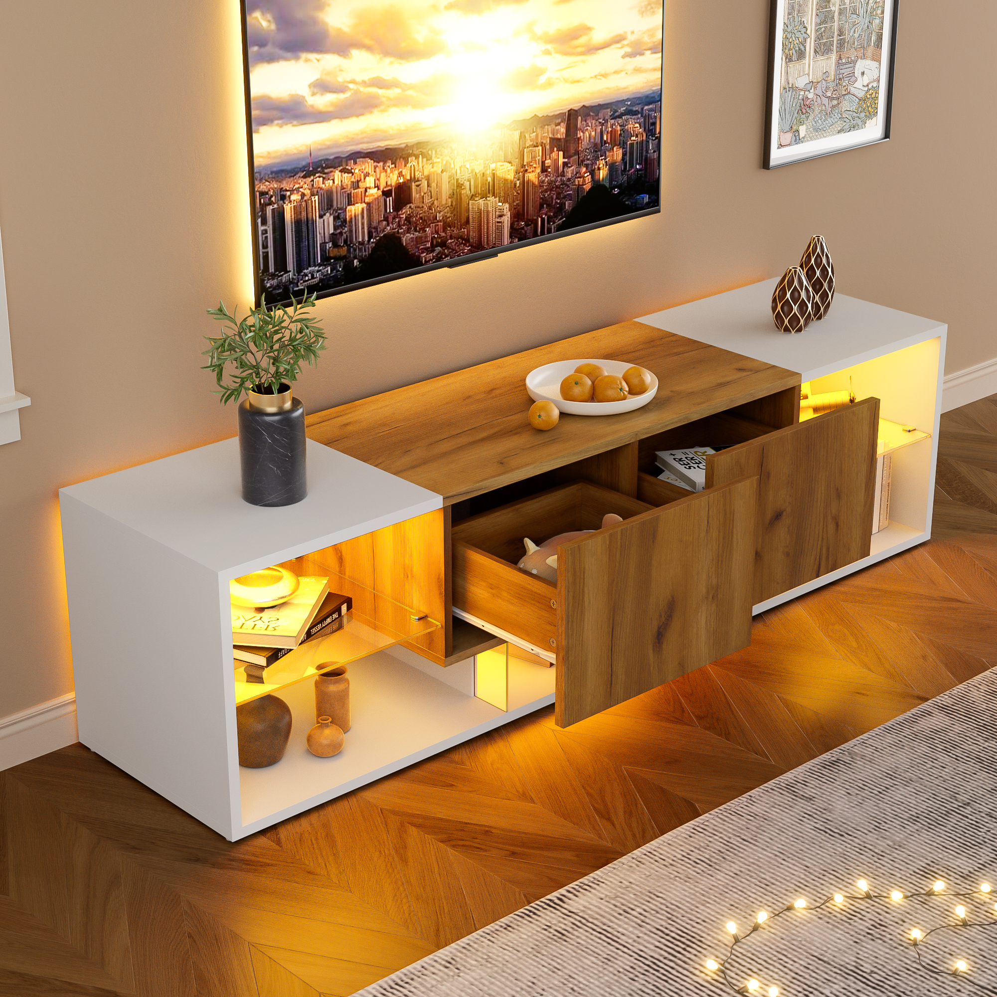 TV Stand 2-Drawer LED for 70 Inch TV, Wood and White MDF