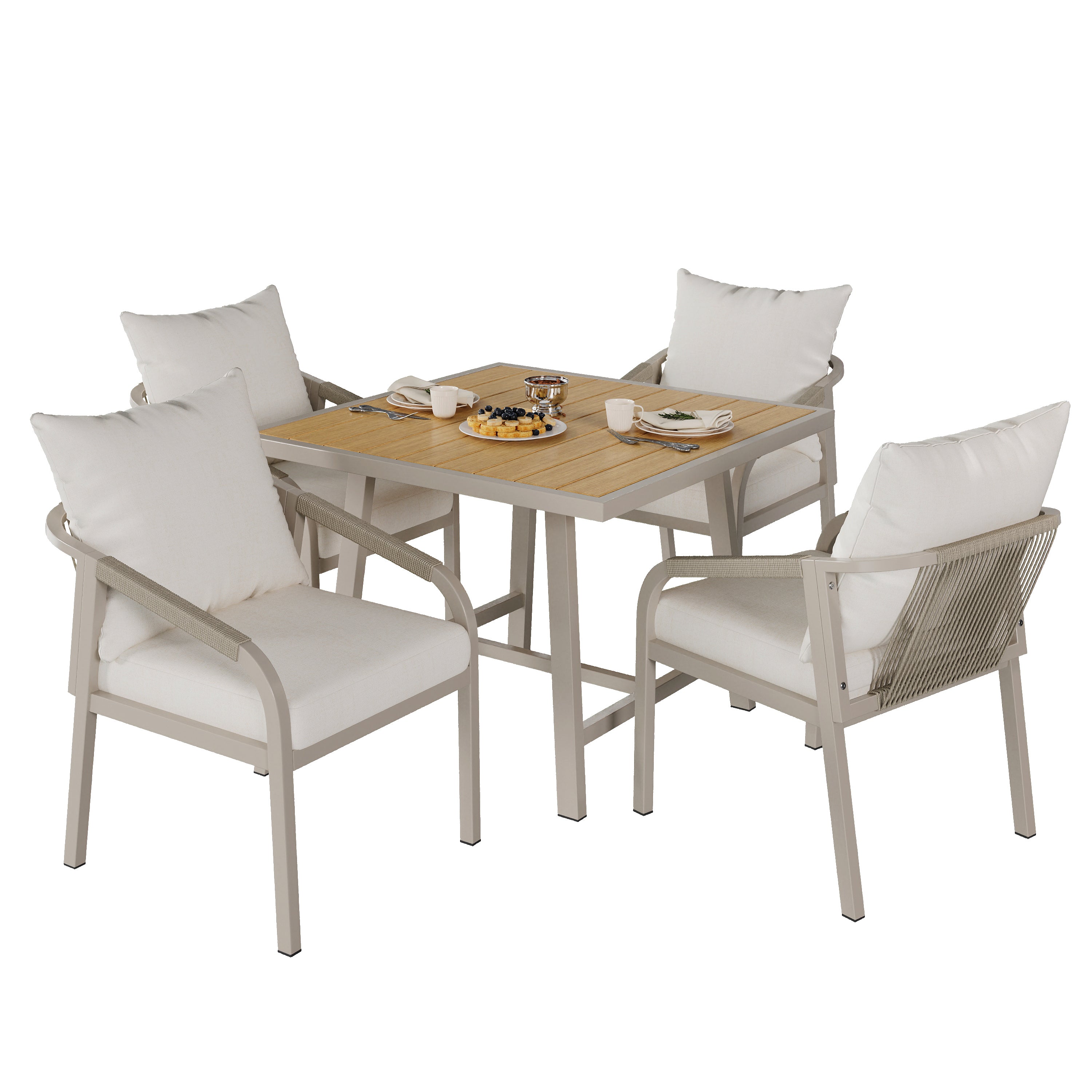 Garden Dining Set for 4 People with 1 Table and 4 Chairs, Woven Rope Design, Khaki and Beige