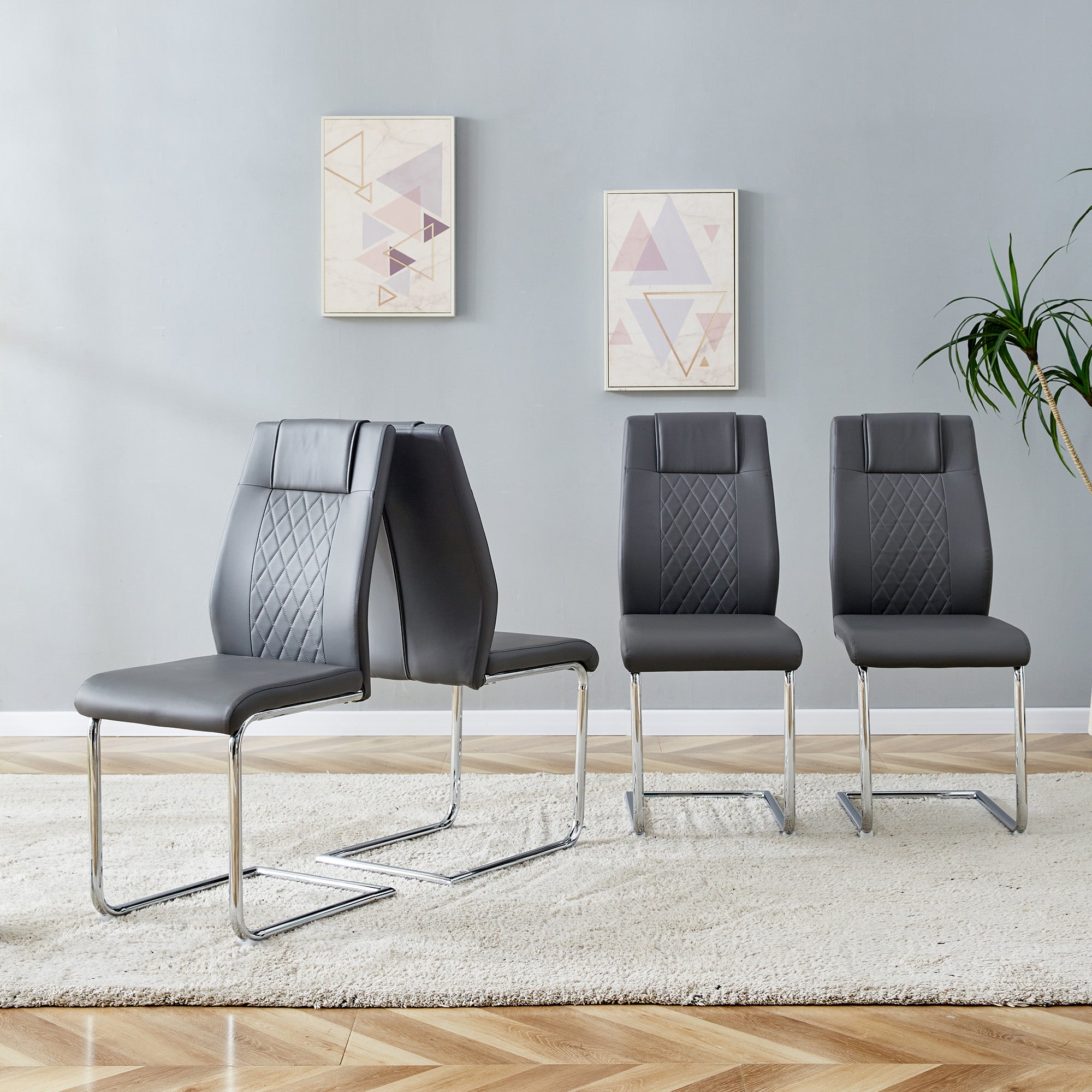 Scandinavian Dining Chairs, Mesh Back, Metal Legs, Dark Grey PU Leather