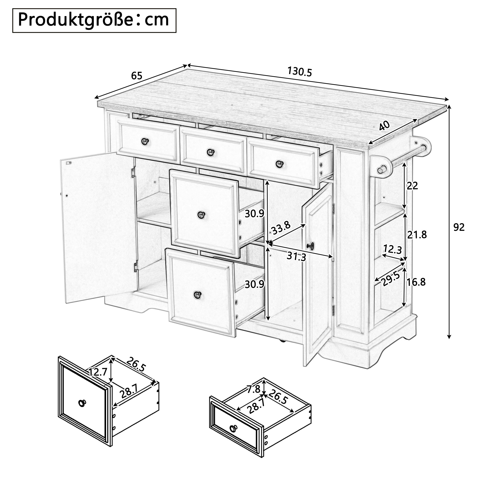 Extendable Kitchen Island with Drawers, Shelves & Power Strips - White