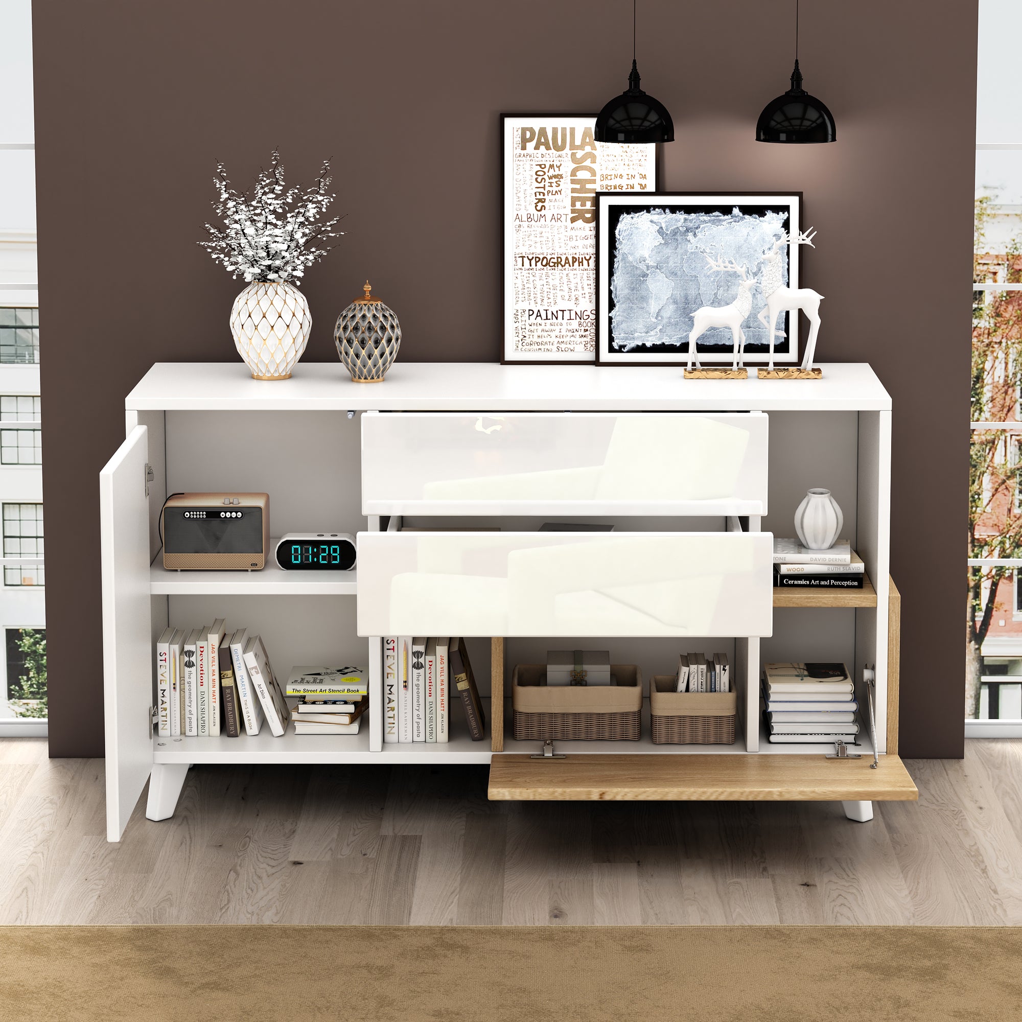 Sideboard, Storage, High-Gloss White Wood