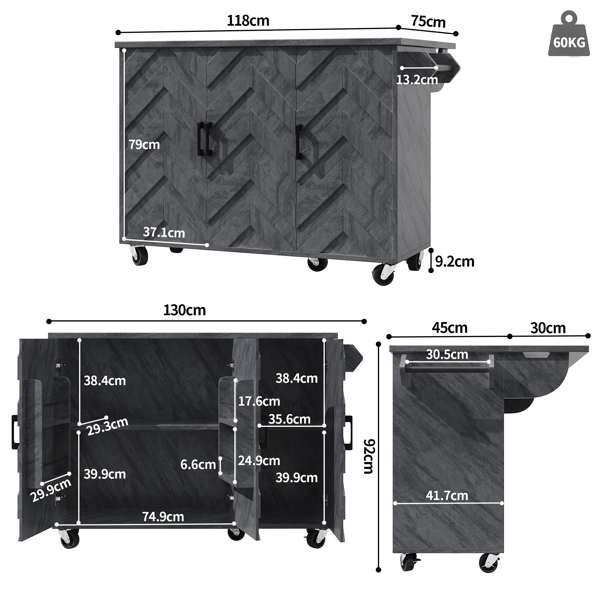 Mobile Kitchen Island Extendable Trolley 3 Drawers Adjustable Shelves