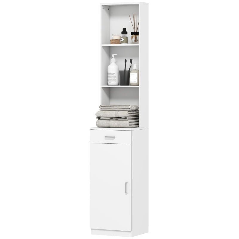 Tall Bathroom Cabinet, Drawer Door Adjustable Shelves, White