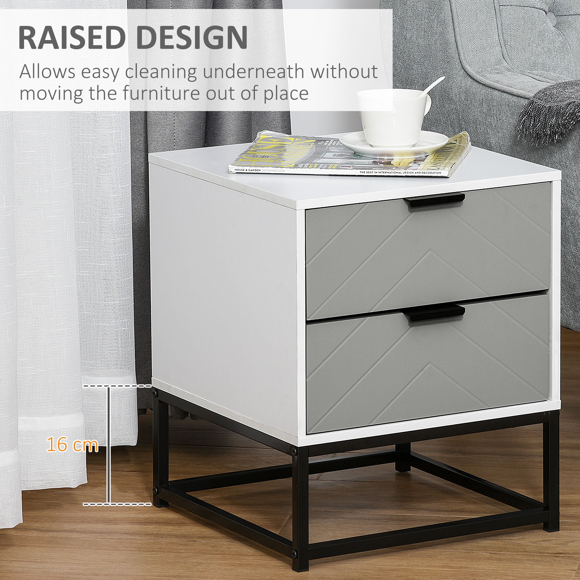Bedside Cabinet, 2 Drawer Storage Nightstand with Metal Base, Grey/White MDF