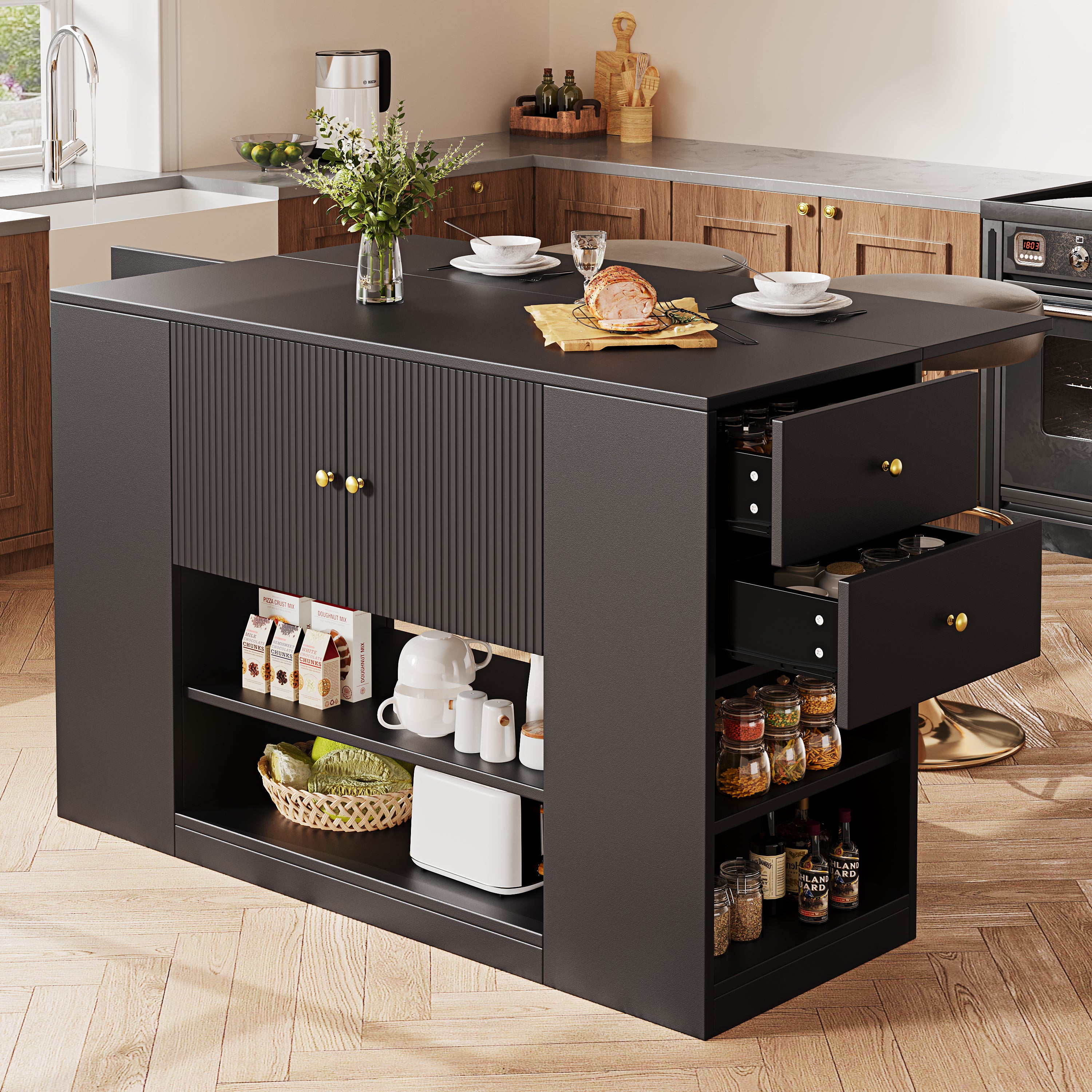 Modern Kitchen Island Cabinet Drawers Shelves Buffet Storage - Black