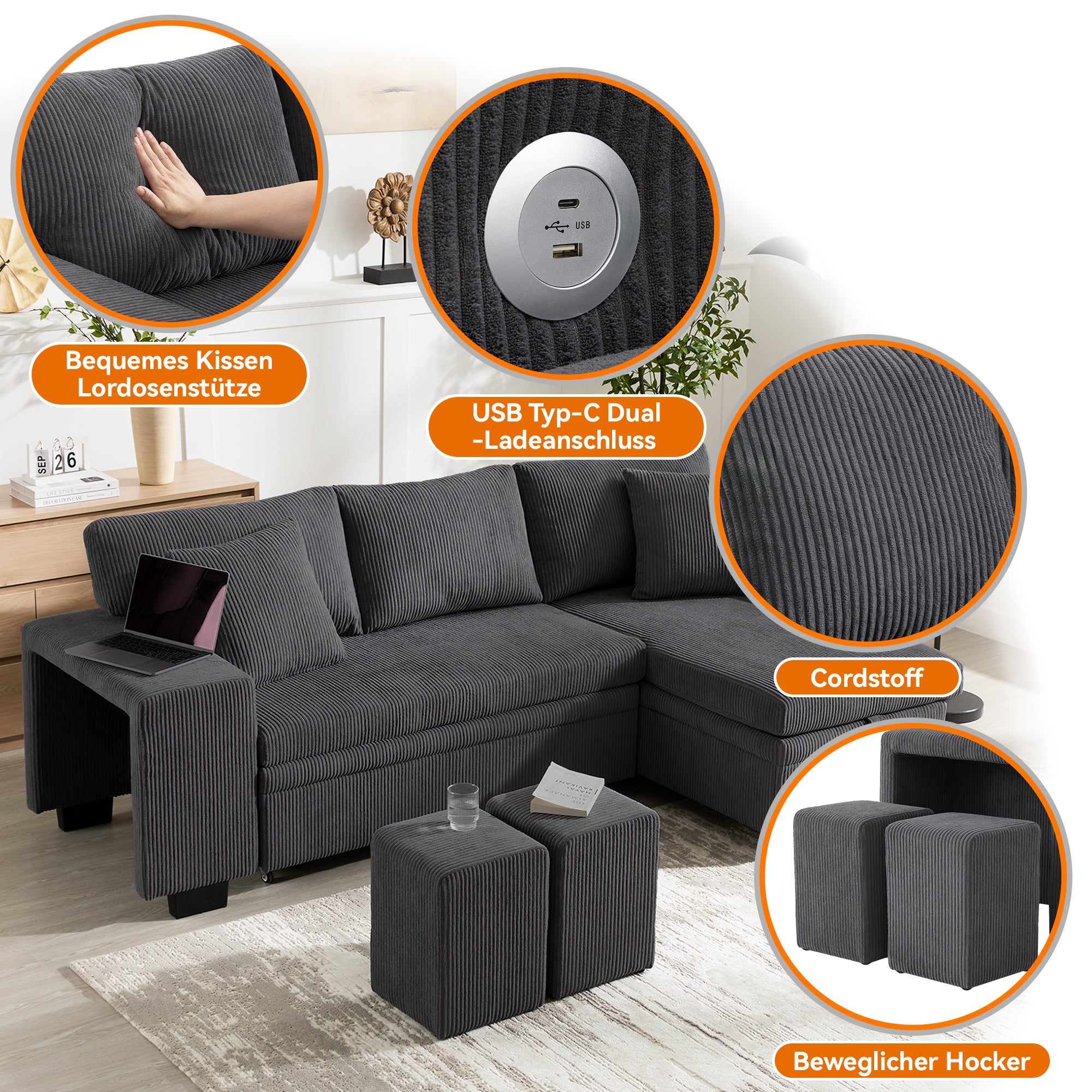 Sofa Bed L-Shaped Convertible 3-Seater with USB Charging, Side Shelves & Storage Space
