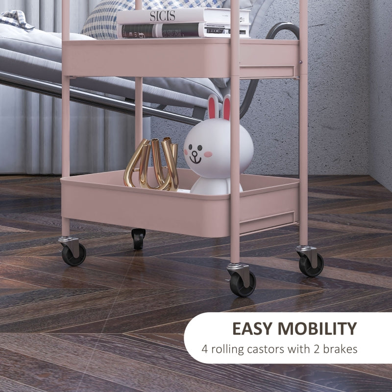 Three-Tier Storage Trolley, Multi-Purpose Steel, Pink