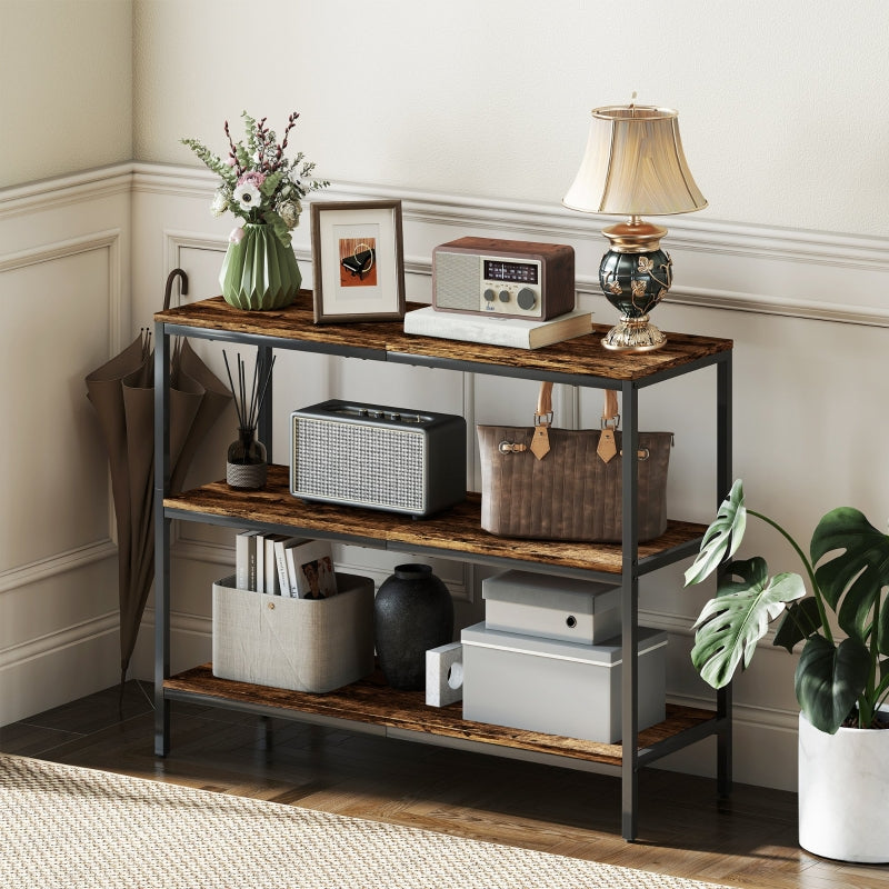 Console Table with 3-tier Shelf, Chipboard and Metal, Light Brown