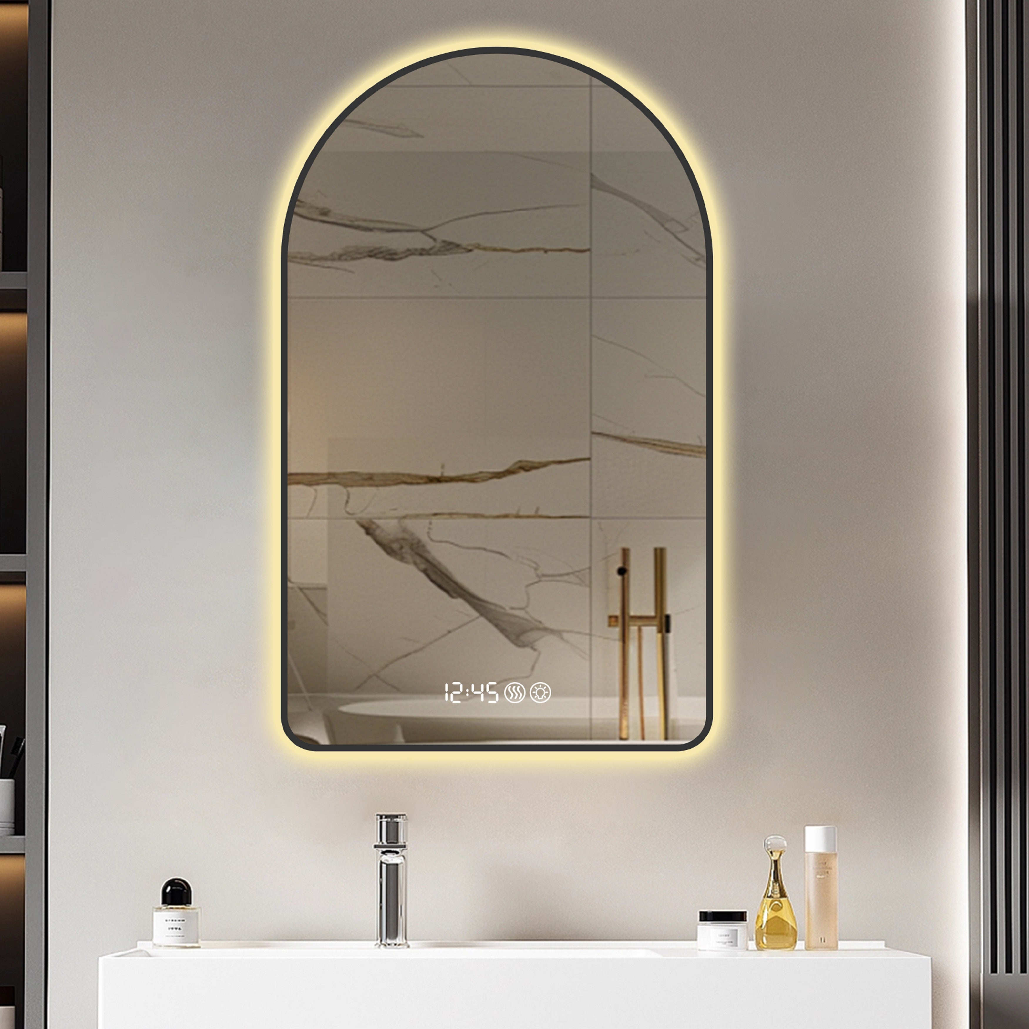 Arched LED Bathroom Mirror, 70x120cm, Anti-Fog, Dimmable, Time/Temp Display, Black Frame