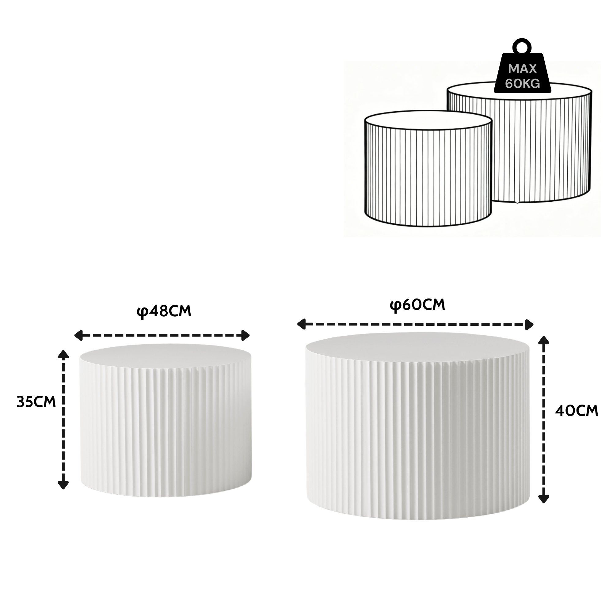 Modern Side Table Set Wavy Edge Nesting Design 60x40 & 48x35cm Matte White