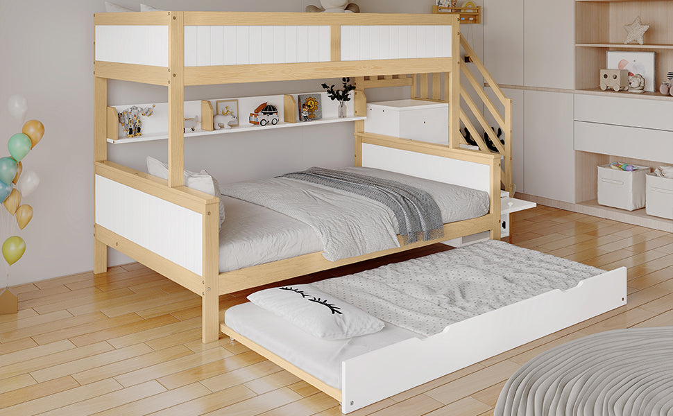 Bunk Bed, Trundle & Wardrobe, Corner Stairs, Pine+MDF, White+Natural