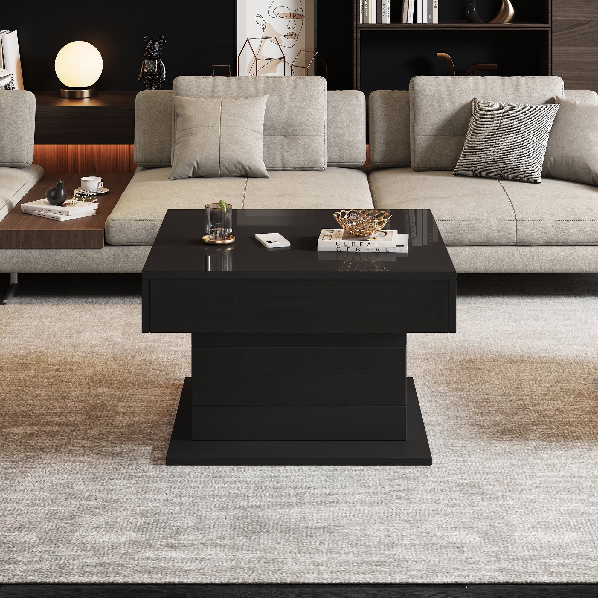 Coffee Table Geometric 360° Swivel Lift-Top 1 Drawer High-Gloss - Black