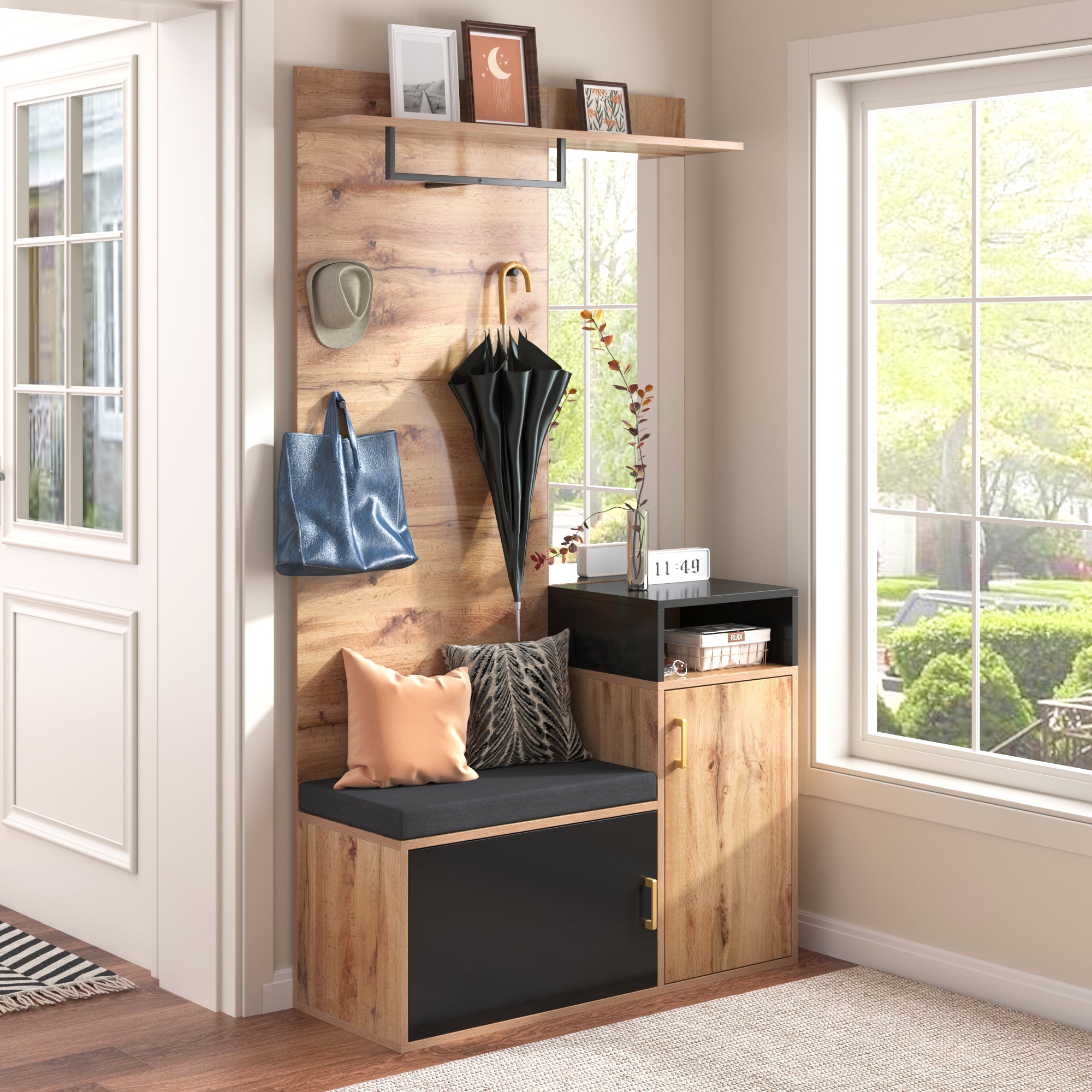 Wardrobe Set, with 4 coat hooks, mirror, shoe cabinet, wall-mounted coat rack, upper storage shelf, hallway wardrobe with bench seat.