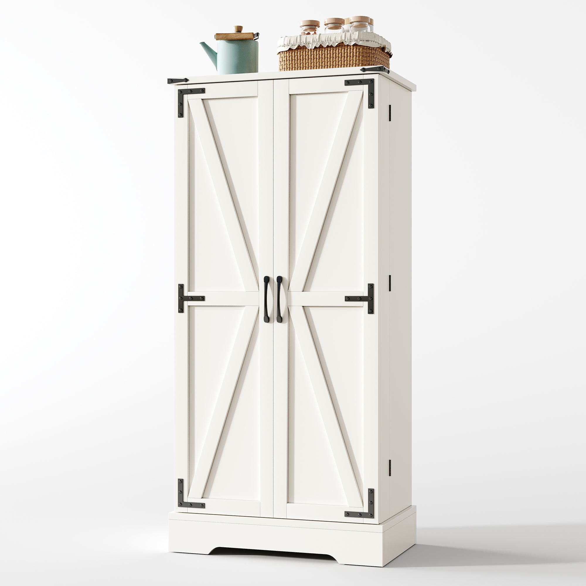 Pantry Cabinet 128.5cm Farmhouse LED 2 Doors Adjustable Shelves - White