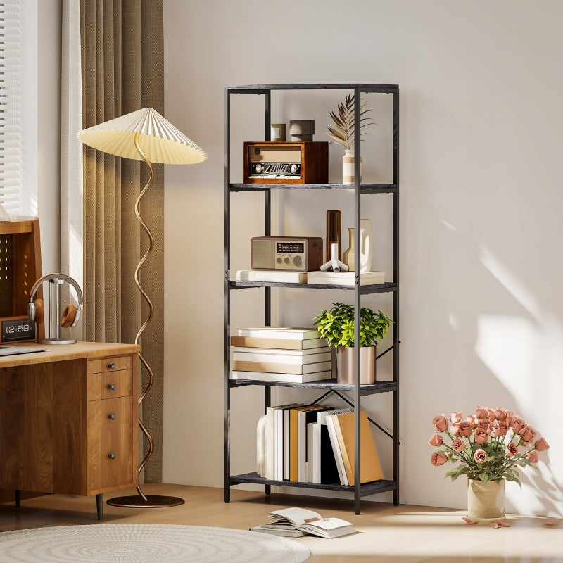 Bookshelf, 5-Tier Industrial Bookcase with Metal Frame, Dark Grey and Black