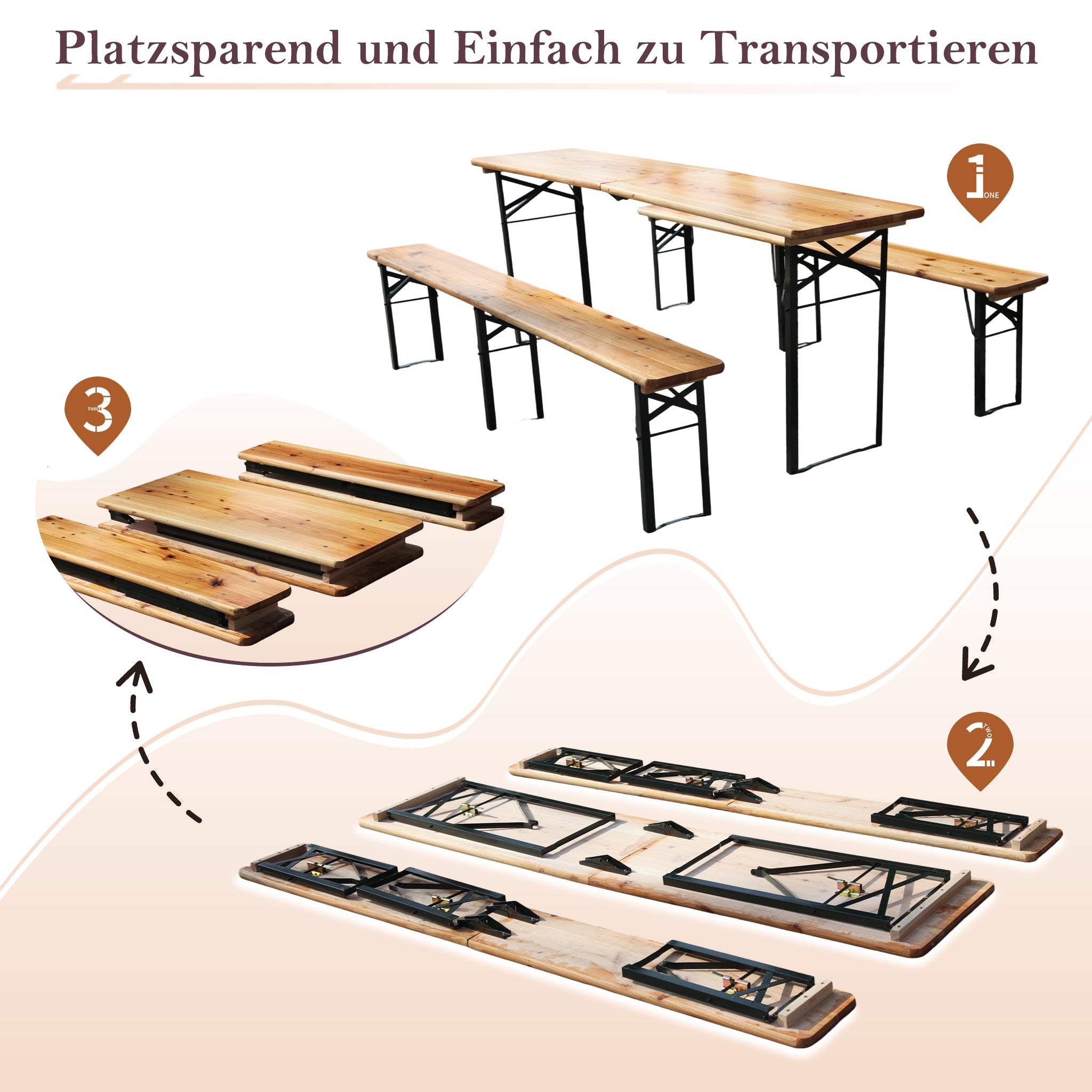 Foldable Beer Garden Set 220 cm 3-Piece Space-Saving - Solid Pine