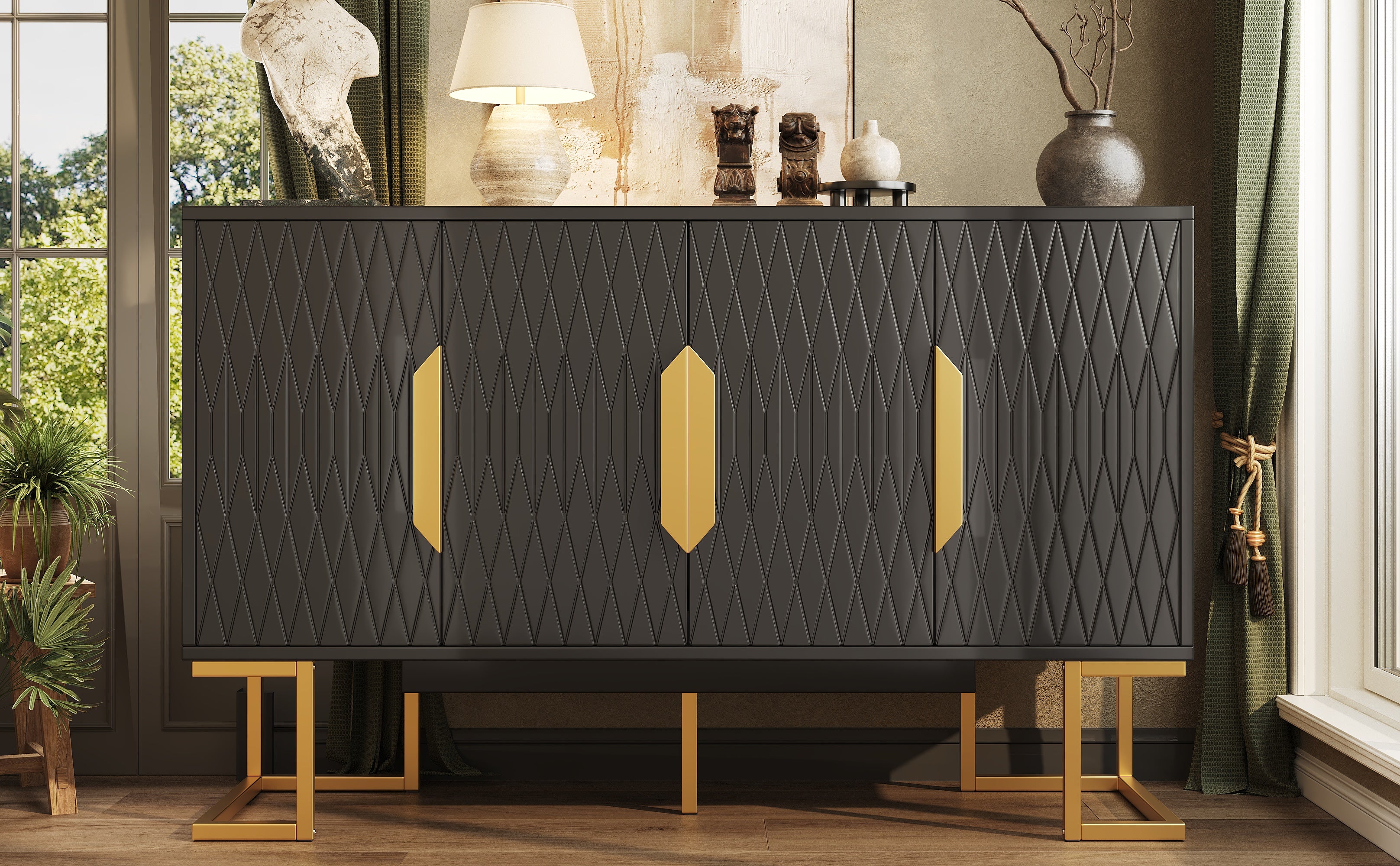 Modern Side Cabinet 140x40x80cm 4 Doors Adjustable Shelves - Blue/Black