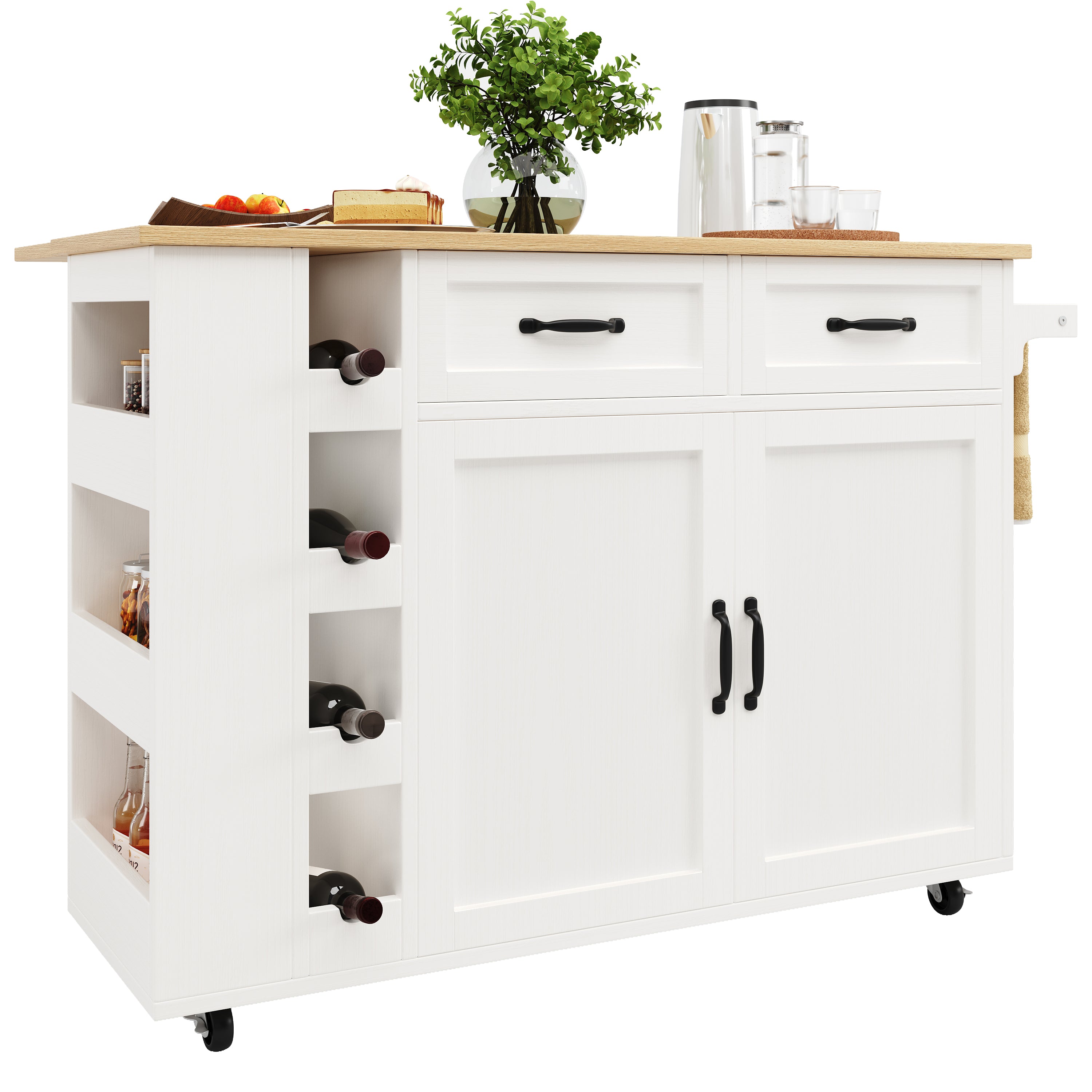 Kitchen Island Serving Cart with Power Strip, Wine Rack, Wood Grain, White