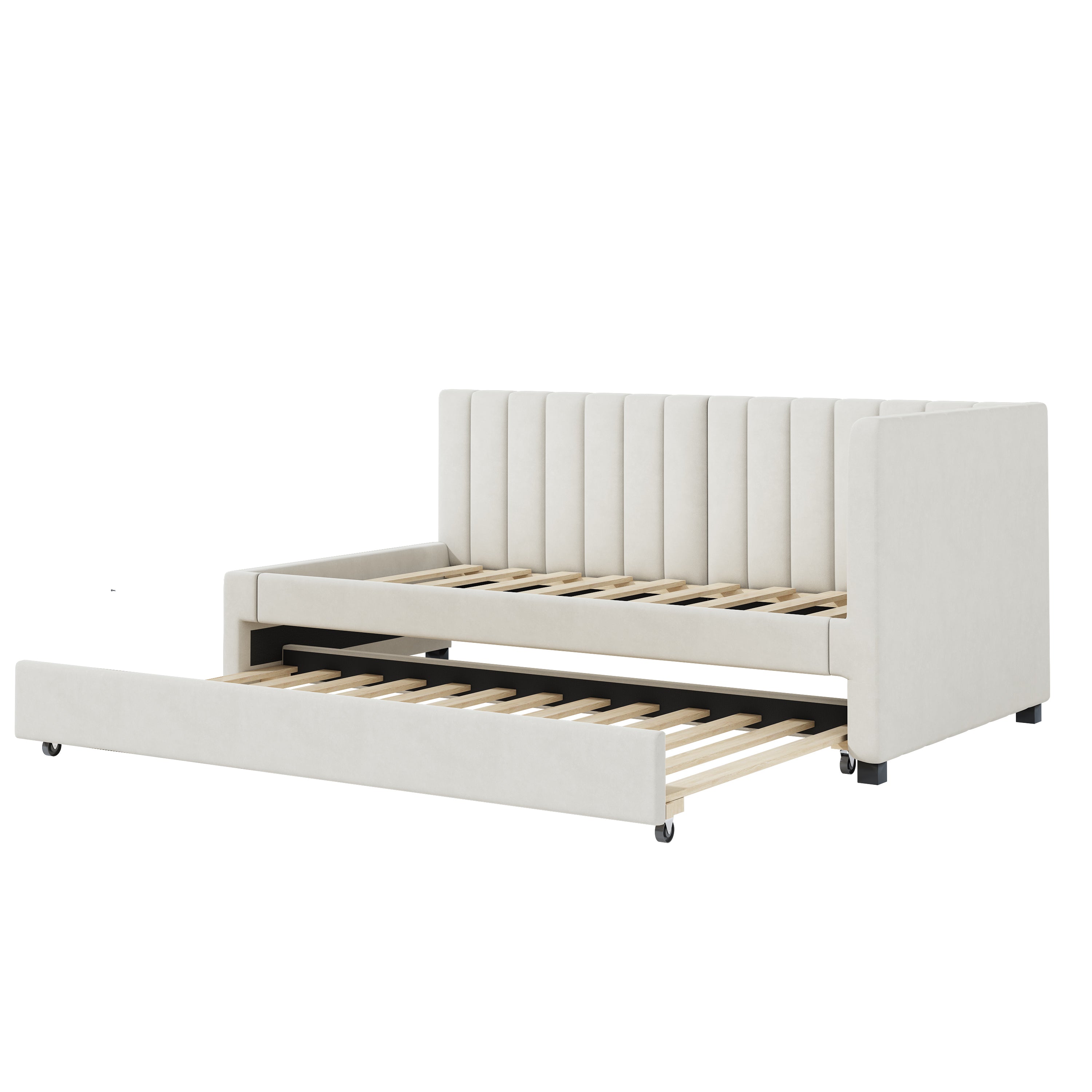 Upholstered Bed 90*200, Pull-Out Sofa Bed, Multifunctional with Slatted Frame, Velvet Fabric Beige