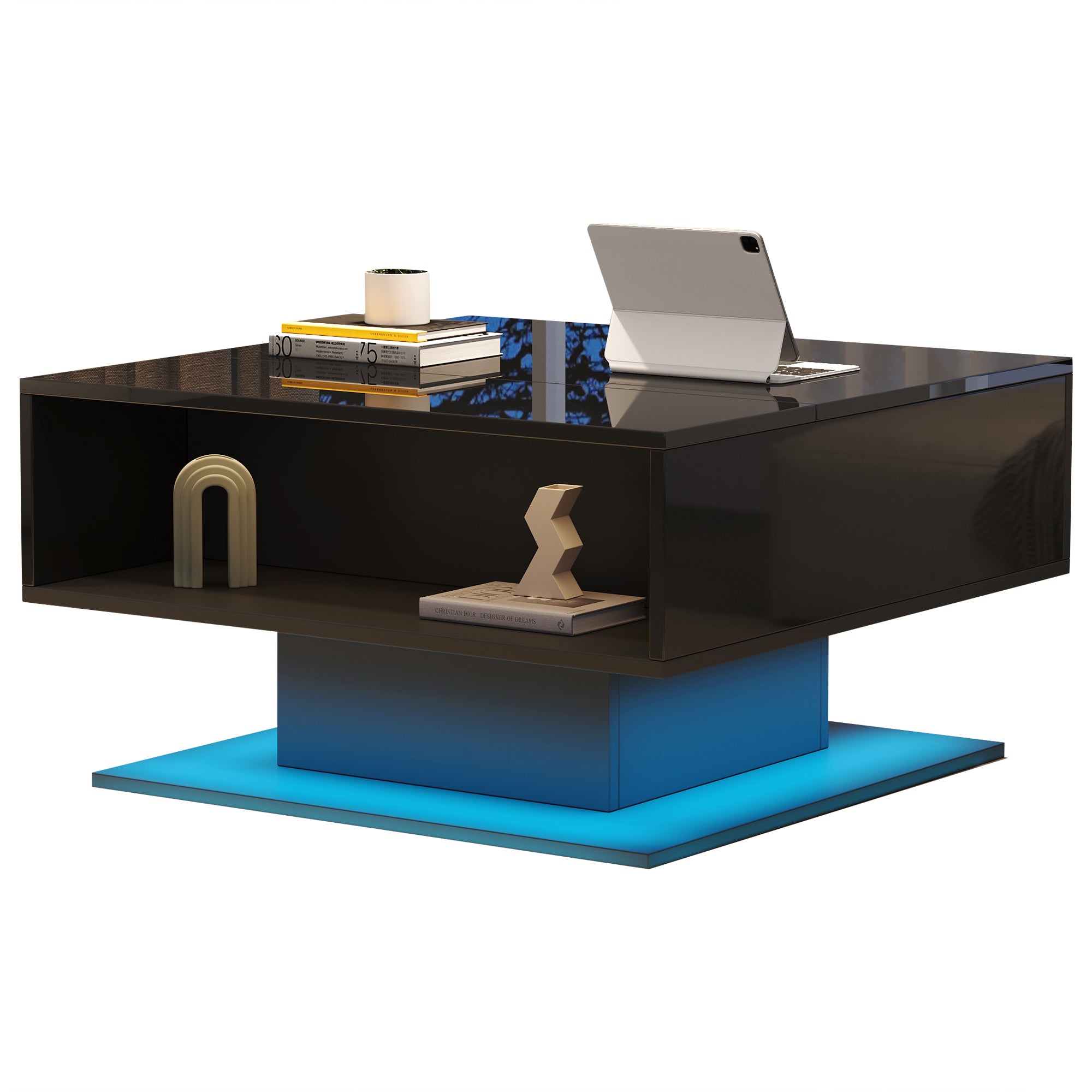 Coffee Table with Hydraulic Lift, High-Gloss, Storage, Black