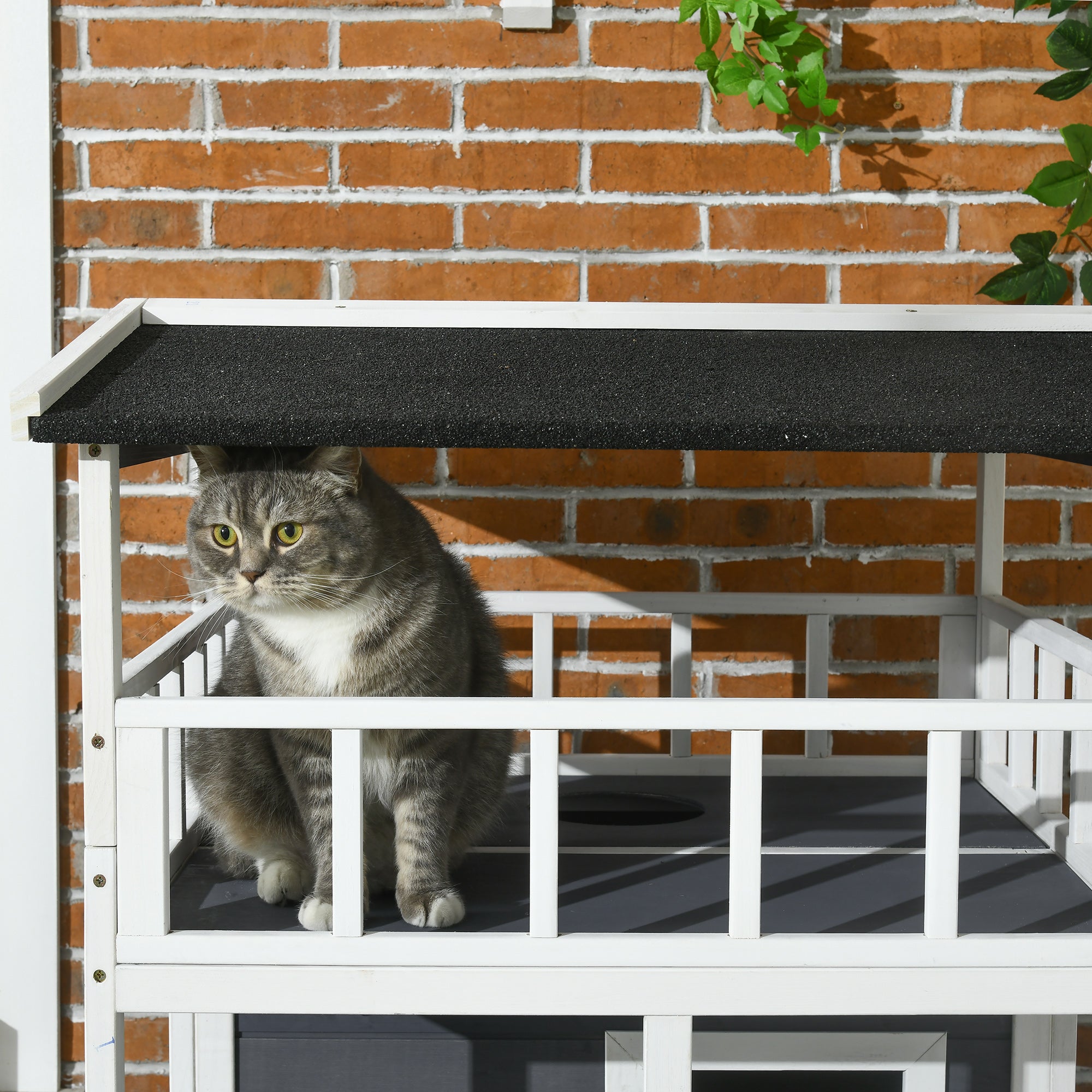 Cat House, 4-Story Balcony Stairs, Solid Wood, Gray