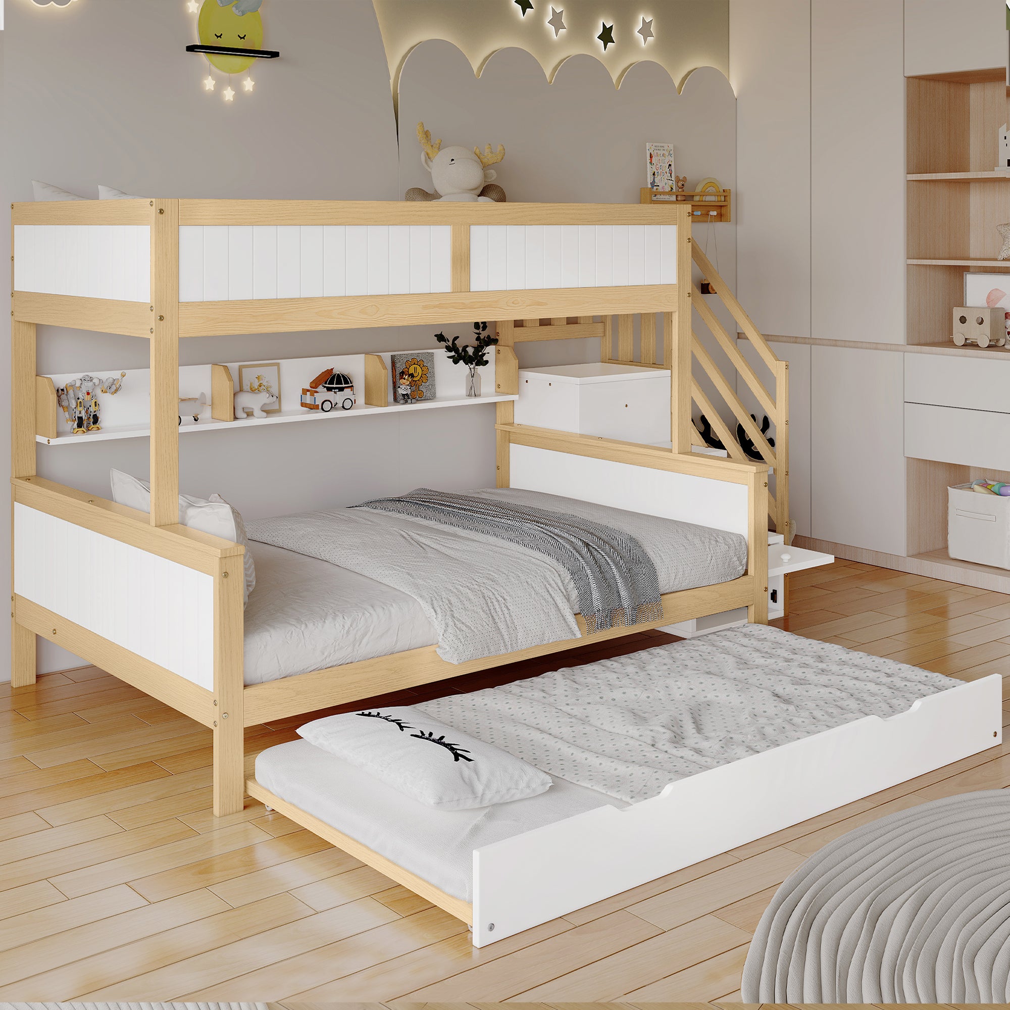 Bunk Bed, Trundle & Wardrobe, Corner Stairs, Pine+MDF, White+Natural
