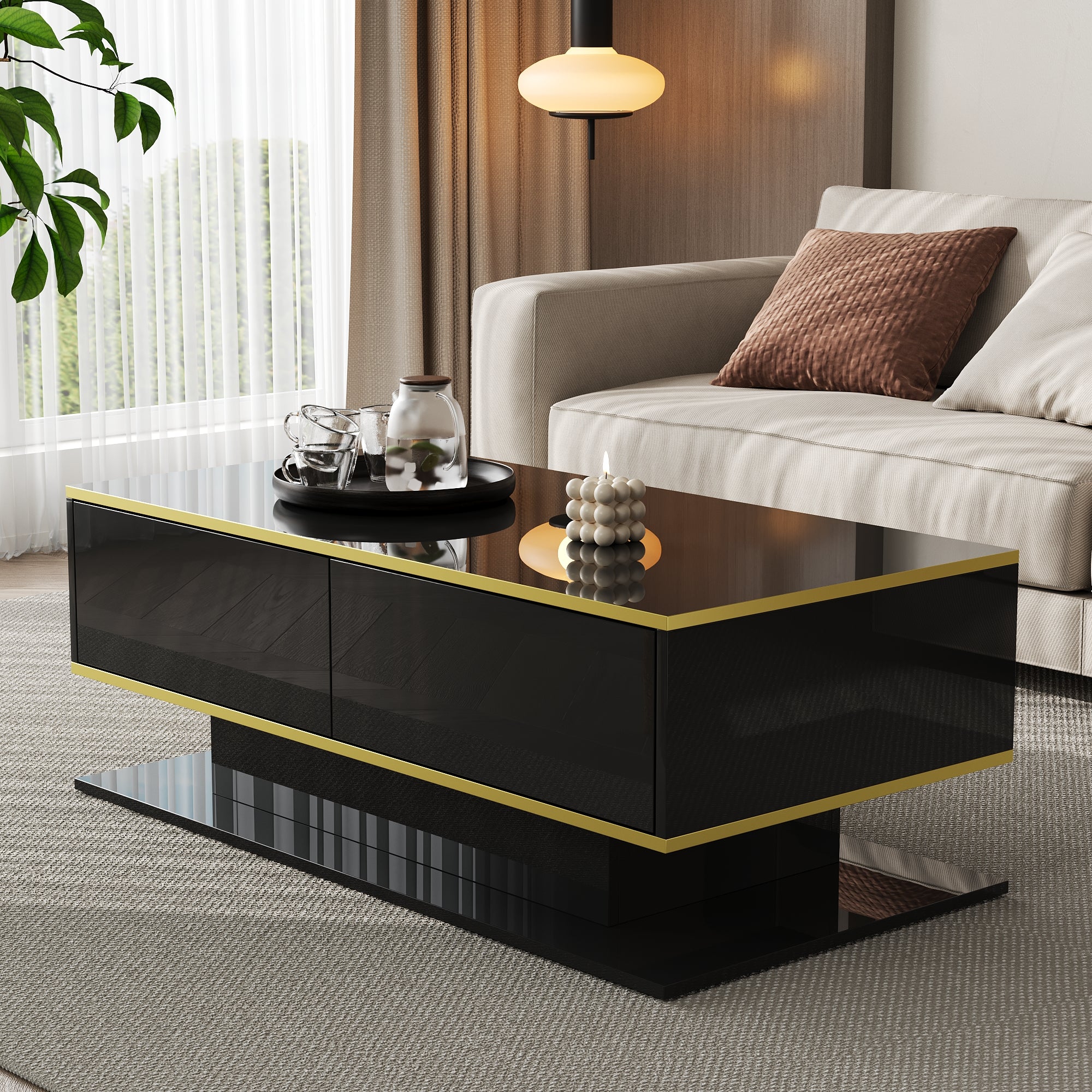High-Gloss LED Coffee Table Modern 100cm with 3 Drawers USB Light Strip Gold Trim