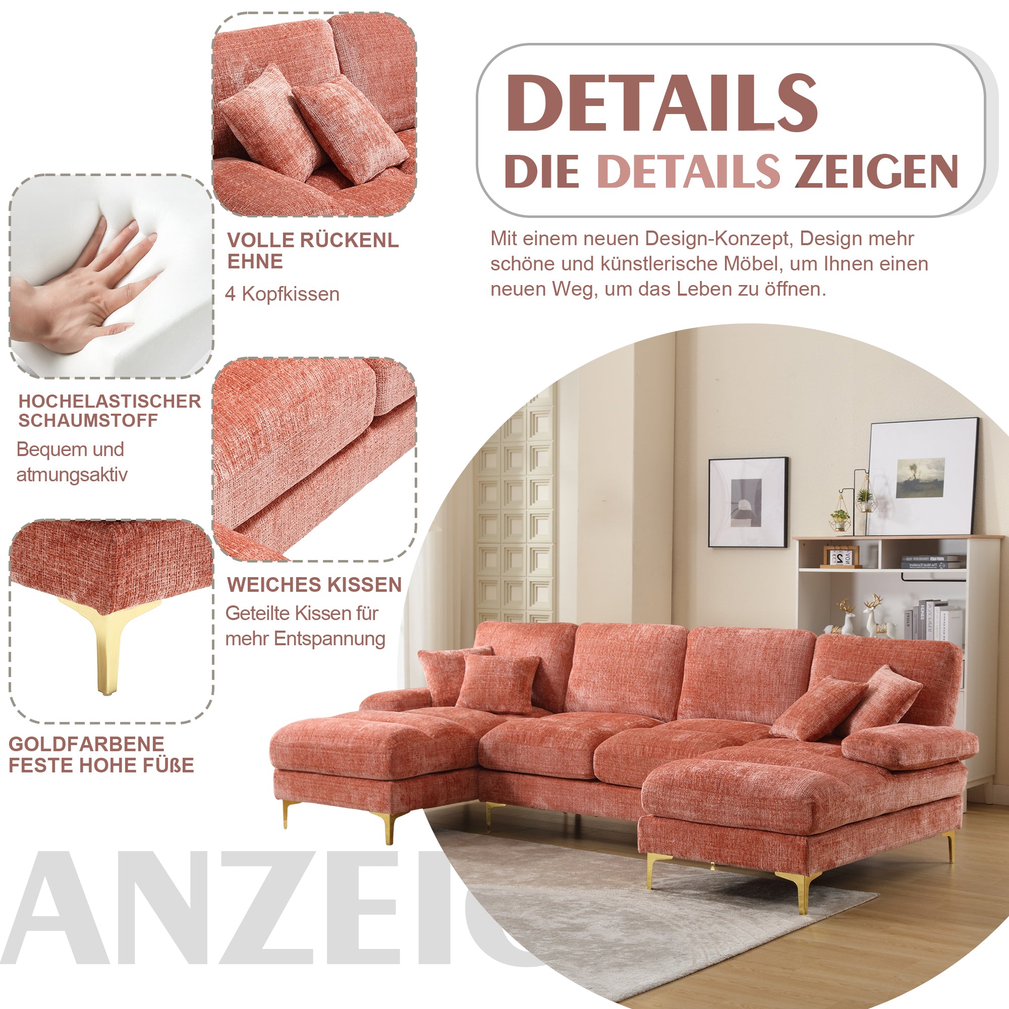 U-Shape Sectional Sofa, Large Double Reclining Seats, Chenille Pink