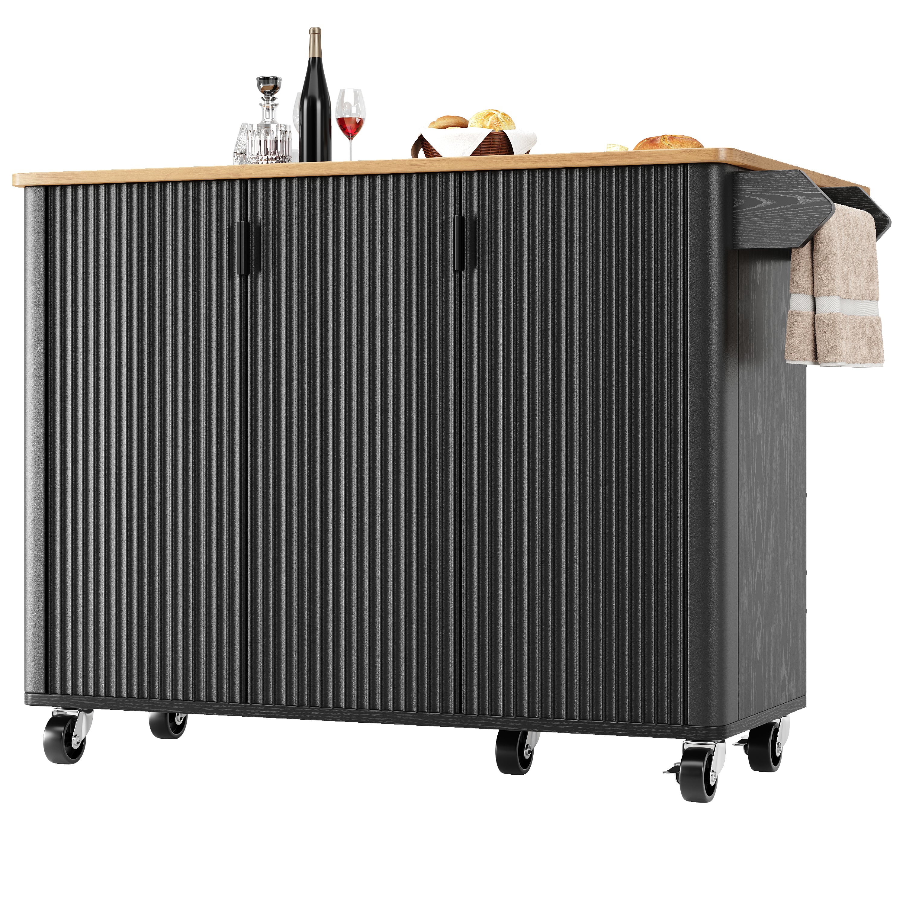 Kitchen Island Extendable 130cm Trolley 3 Doors Spice Rack - White/Black