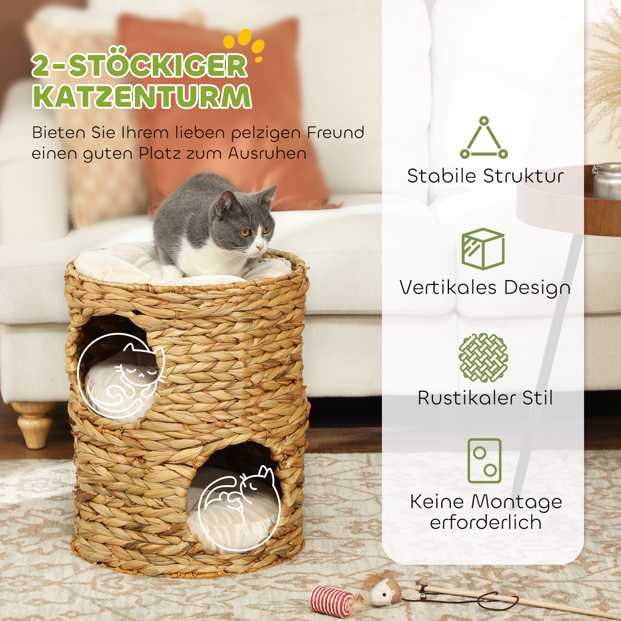 Cat Scratching Barrel, 50cm 2 Caves Cushion, Water Hyacinth Light Brown