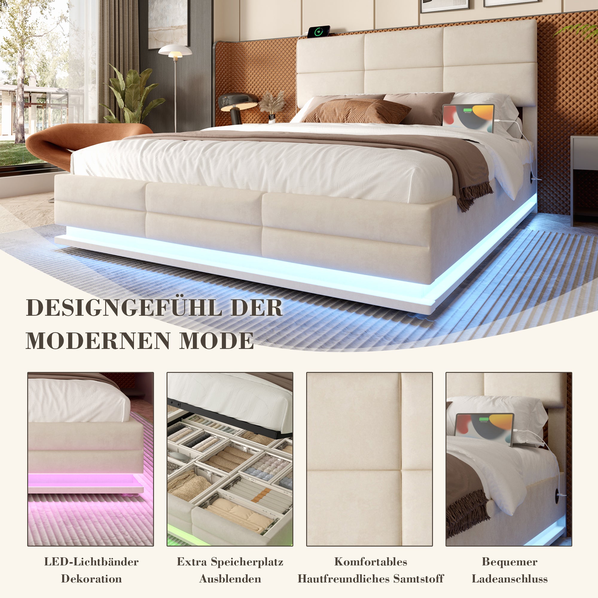Upholstered Bed, 140x200cm Modern with Adjustable Headboard, USB/Type-C, LED, Hydraulic Lift, XXL Storage - Beige