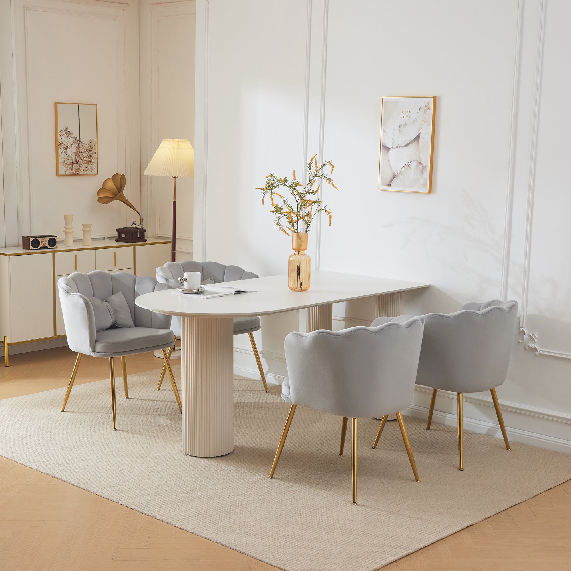 Chairs, Set of 4 Velvet Upholstered with Petal Back & Gold Legs, Modern