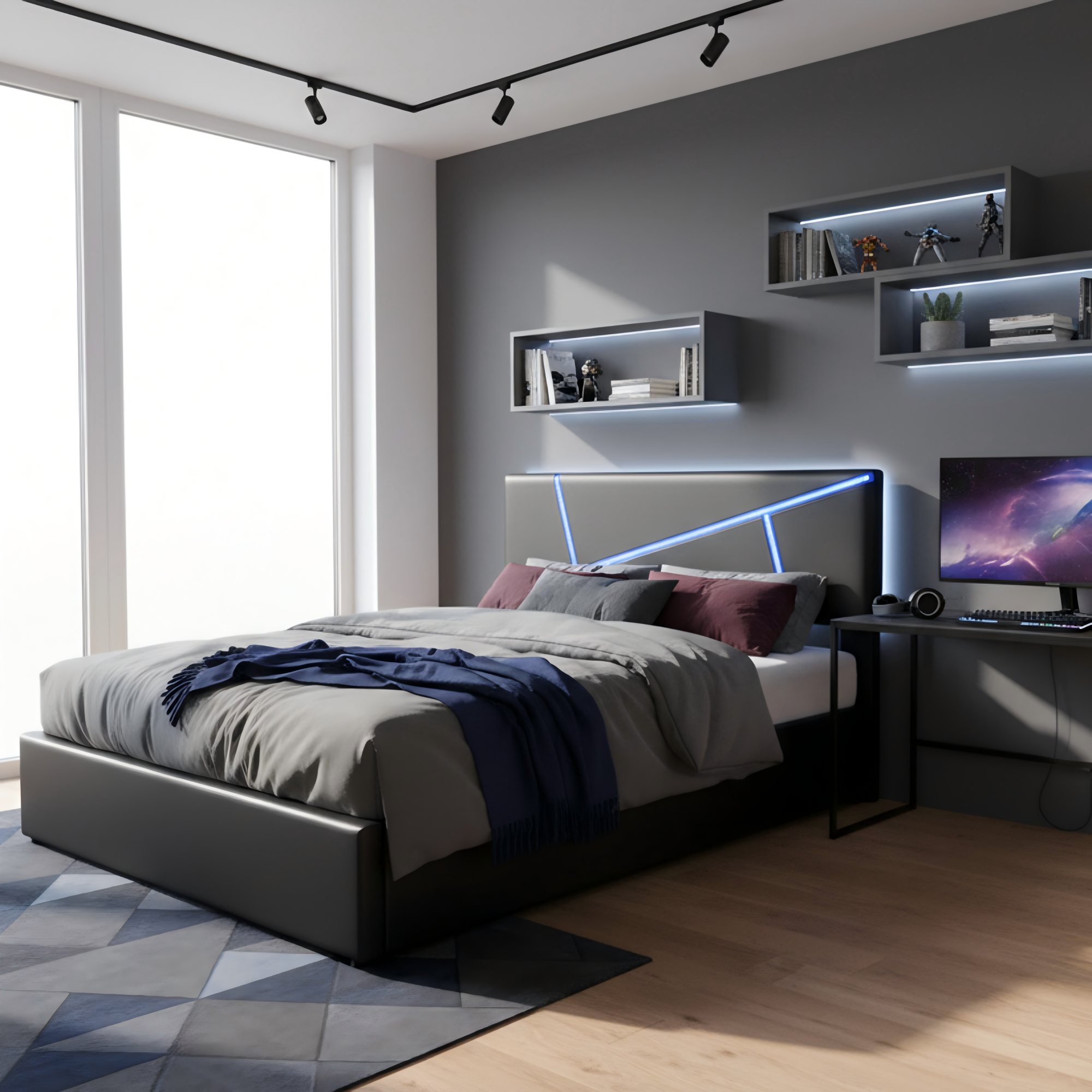 Upholstered Bed 90x200cm Hydraulic Storage LED - Black Synthetic Leather