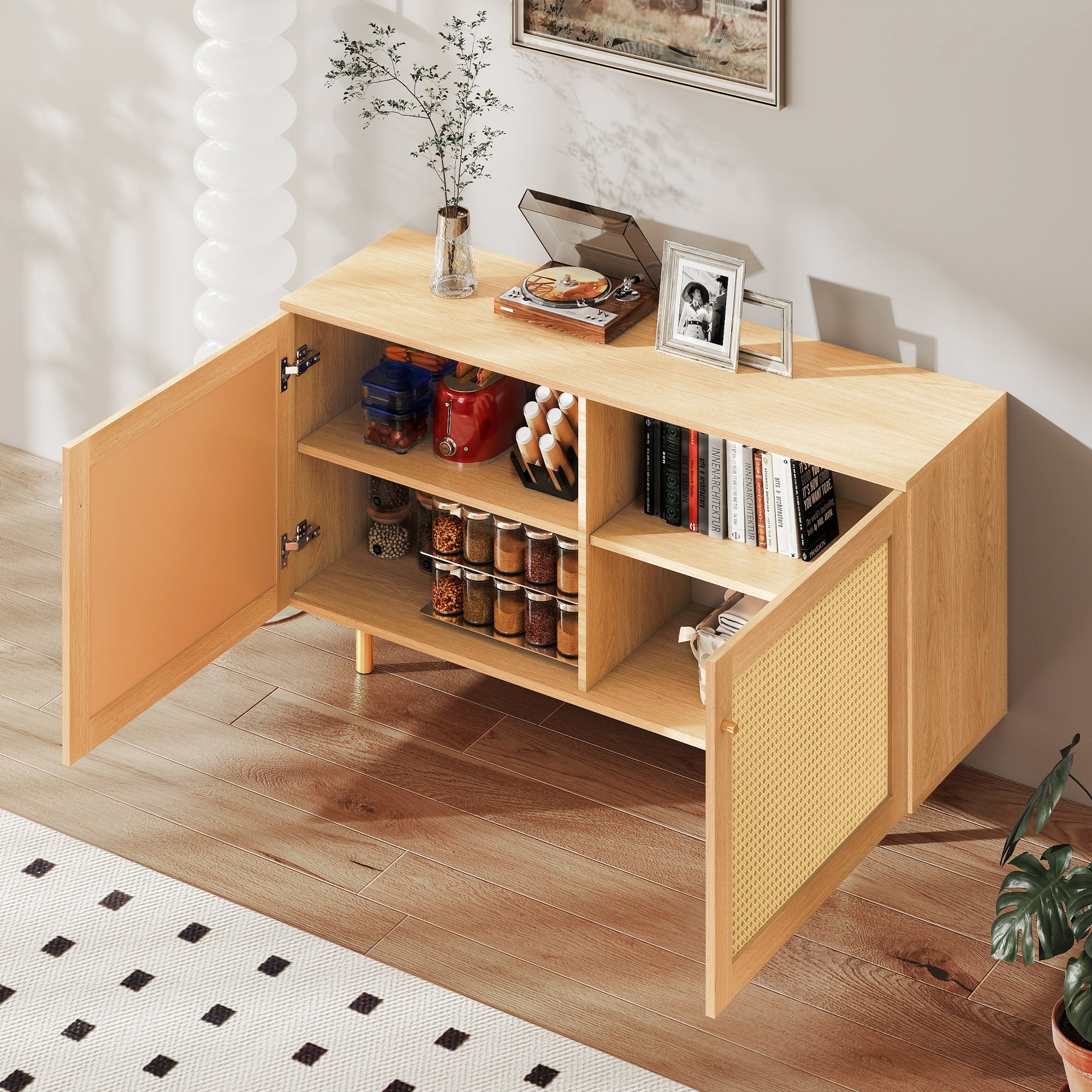 Wicker Sideboard Double-Door Storage Cabinet 120cm Natural Wood Look