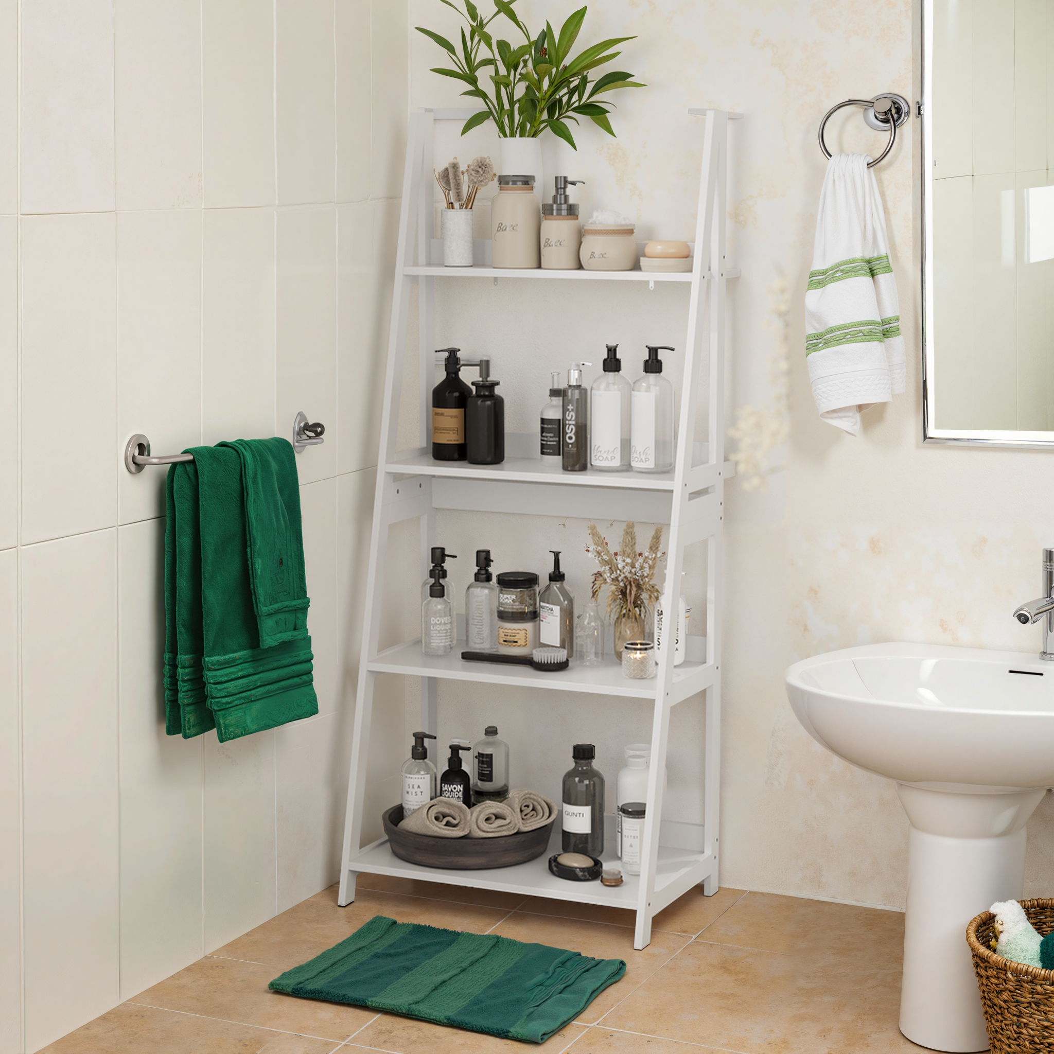 Ladder Bookshelf Display Stand, 4-Tier Bookcase, Bathroom Storage, White