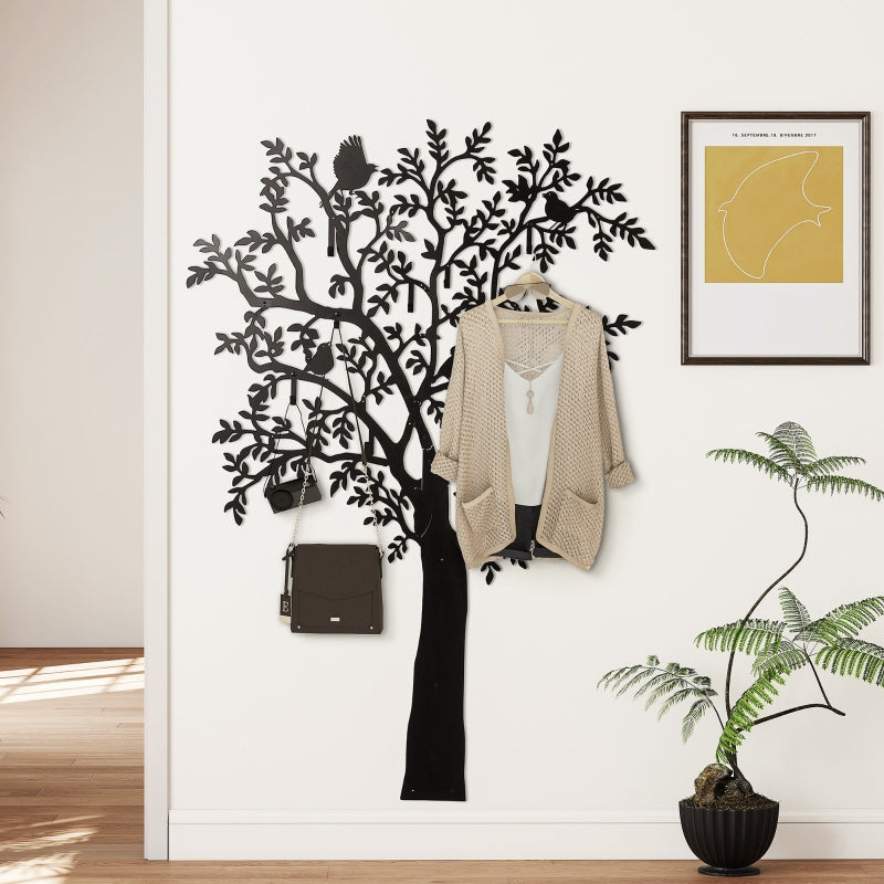 Wall-mounted Coat Rack Tree Design with Birds, Black