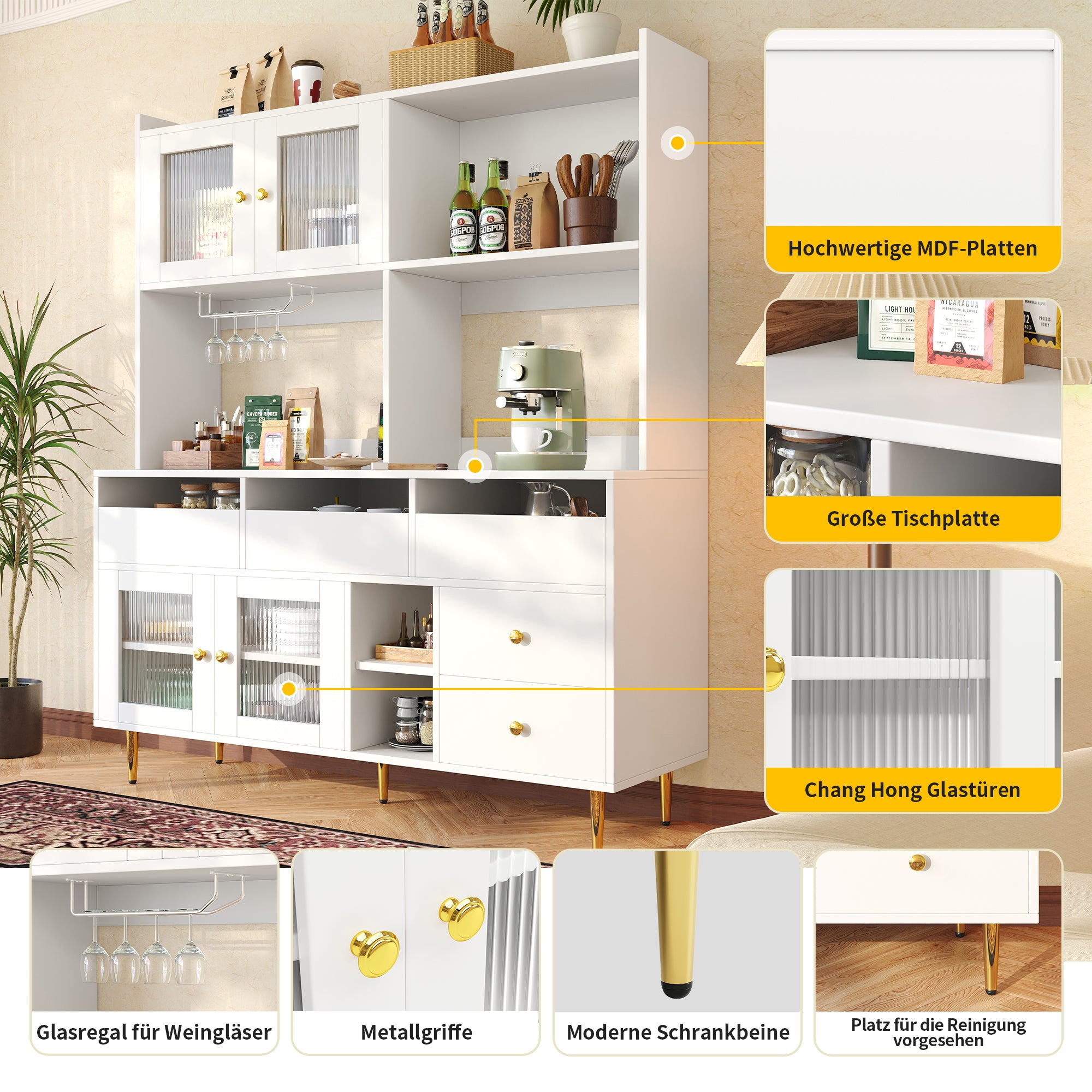 Restaurant Tall Cabinet Glass Door Wine Rack Storage - White/Gold