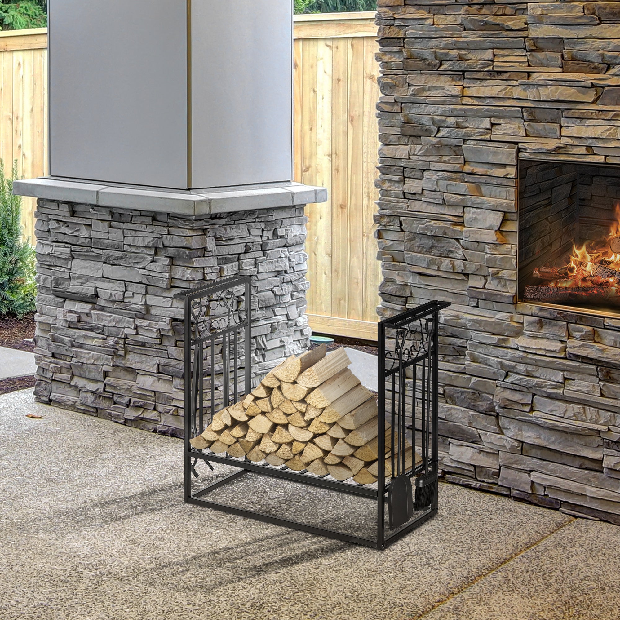 Firewood Rack with Fireplace Tools, 75 x 30 x 60 cm, Black Steel