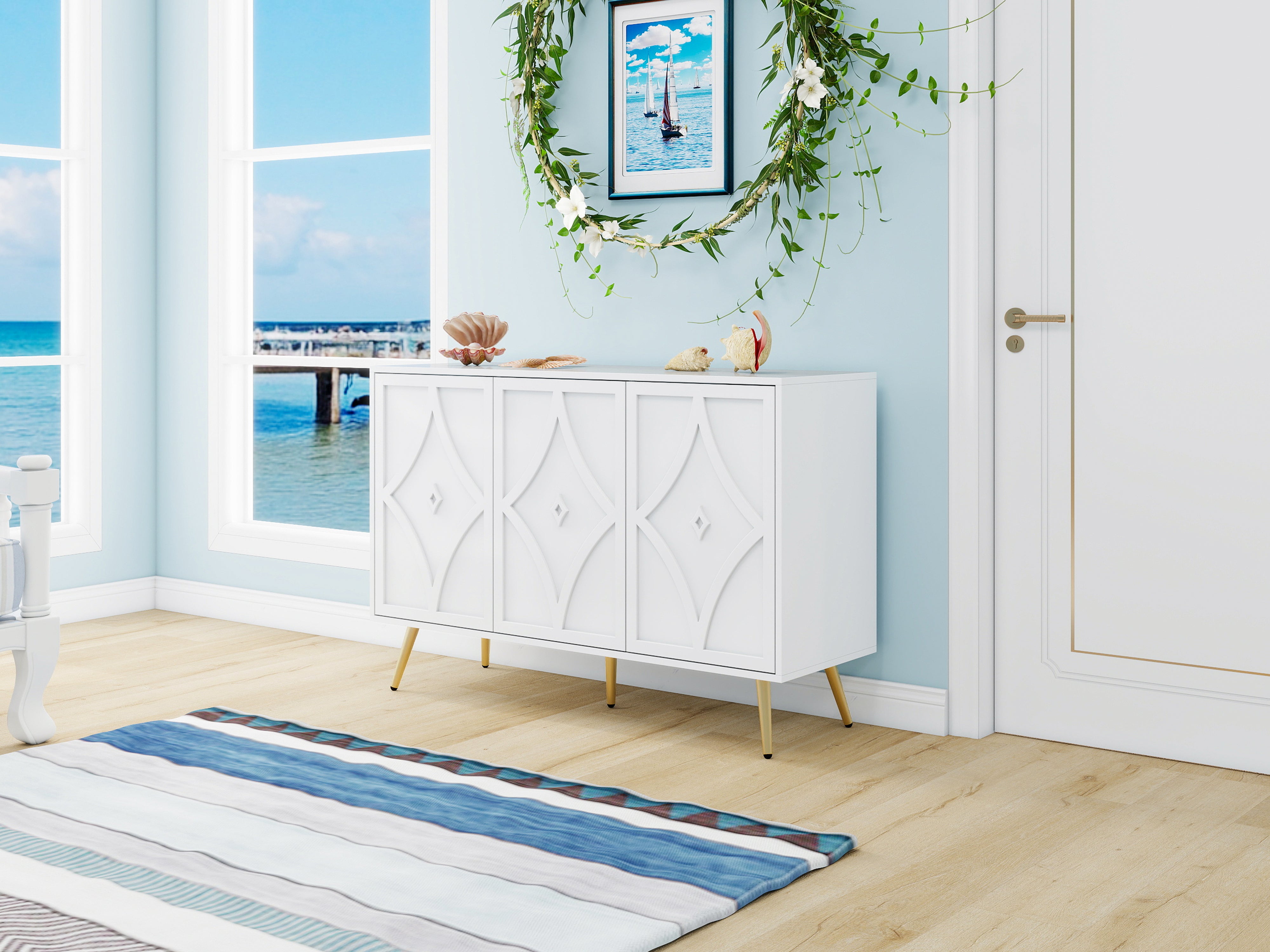 Sideboard Cabinet, 3-Door, 3D Carving, Gold Metal Legs, White