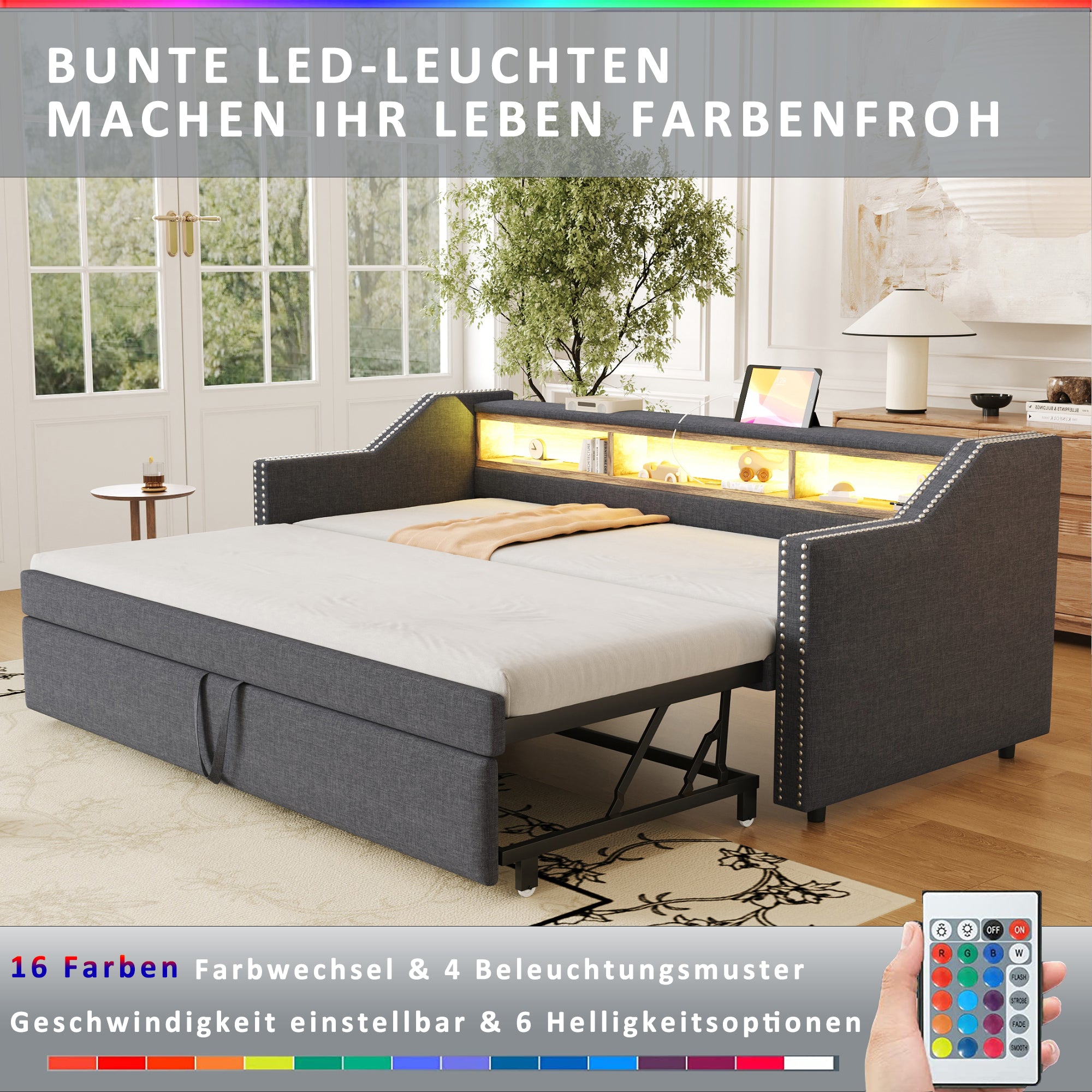 Upholstered Bed Pull-Out Sofa Bed 90/180 x 190 cm with LED & USB, Dark Grey