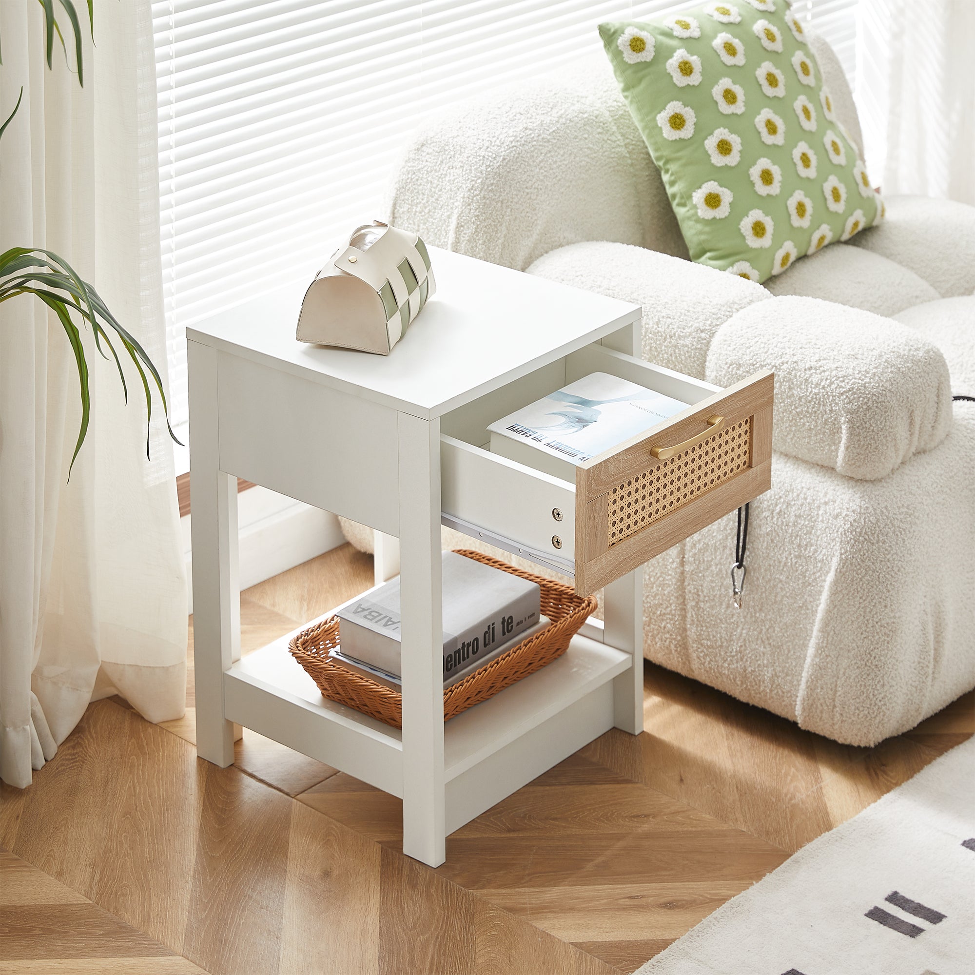 Rattan Side/Bedside Table with Drawer Modern - White