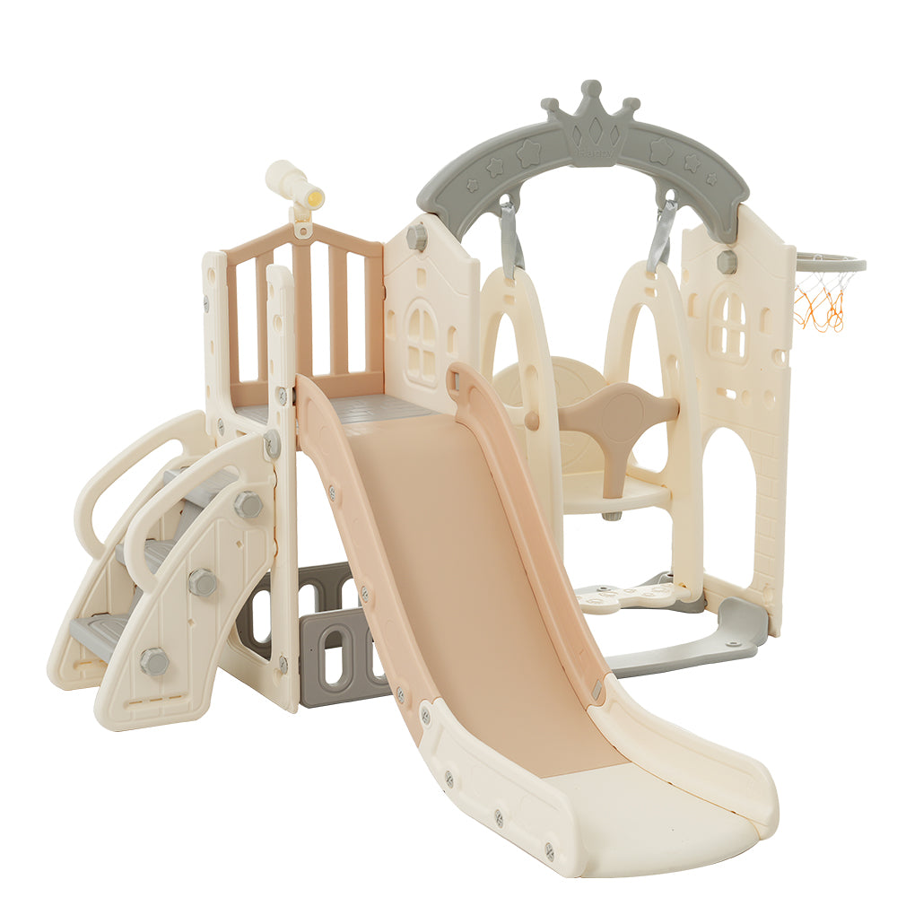 5-in-1 Multifunctional Children's Play Set with Swing, Slide, Climbing Ladder, Basketball Hoop, Telescope, and Storage Box