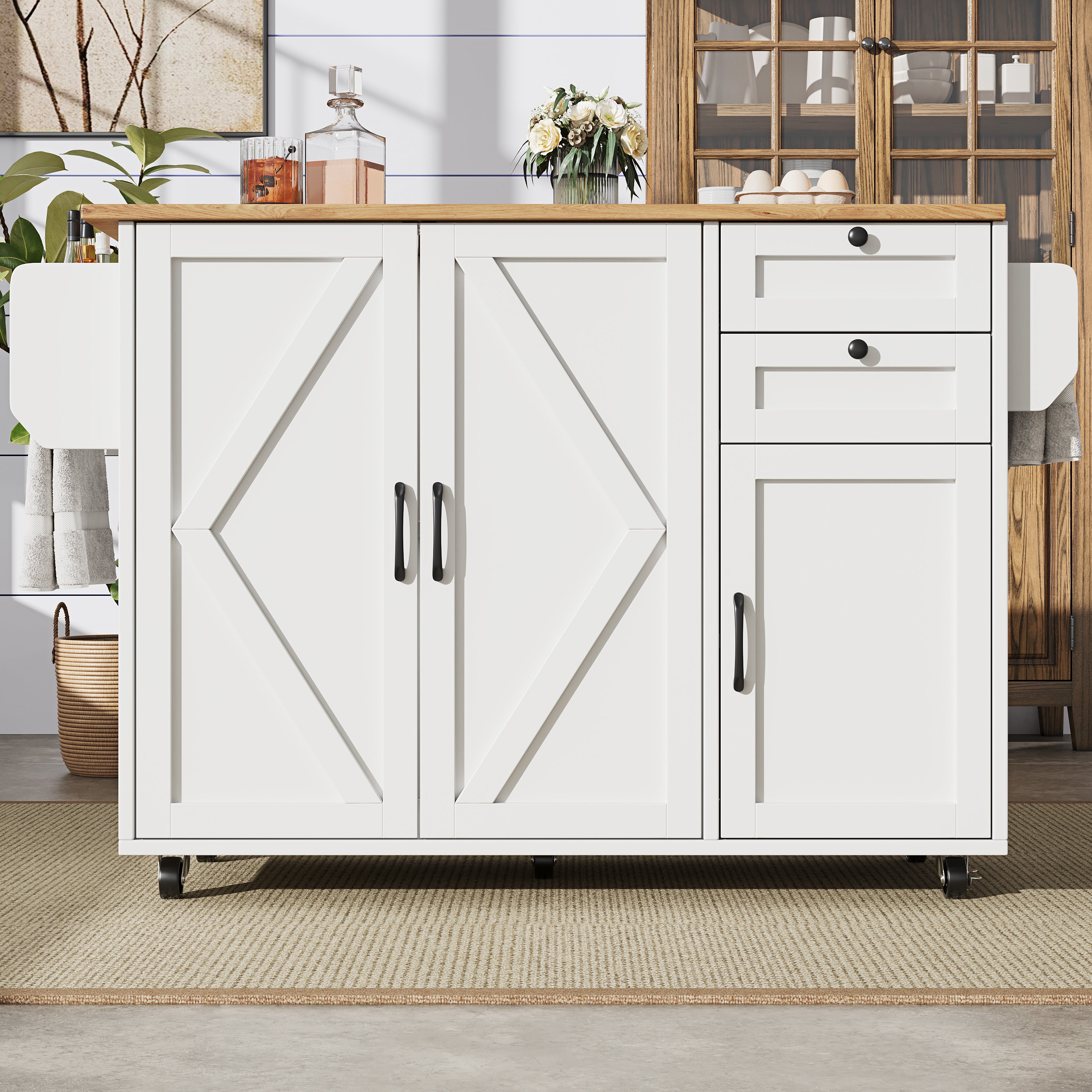 Kitchen Island Sideboard Multifunctional Dining Table Storage Wood Grain - White