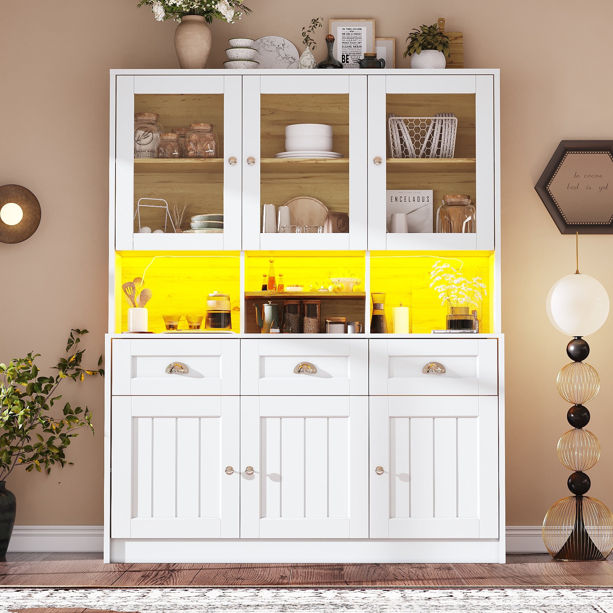 Tall Kitchen Cabinet 140x40x175cm Adjustable Shelves LED Lighting White/Black