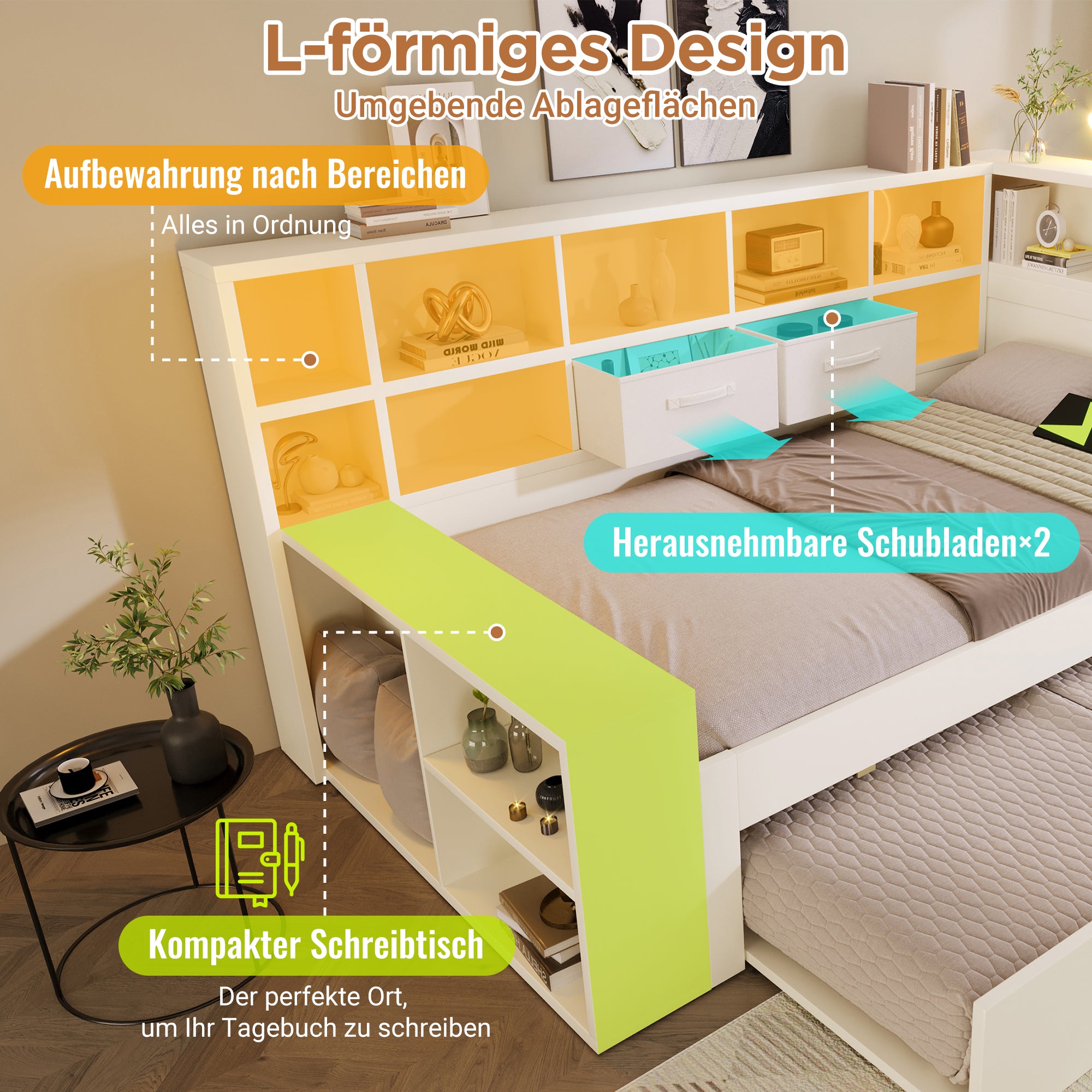 Single Bed 90x190 Pull-out Bed Storage USB/Type-C Charging White Wood