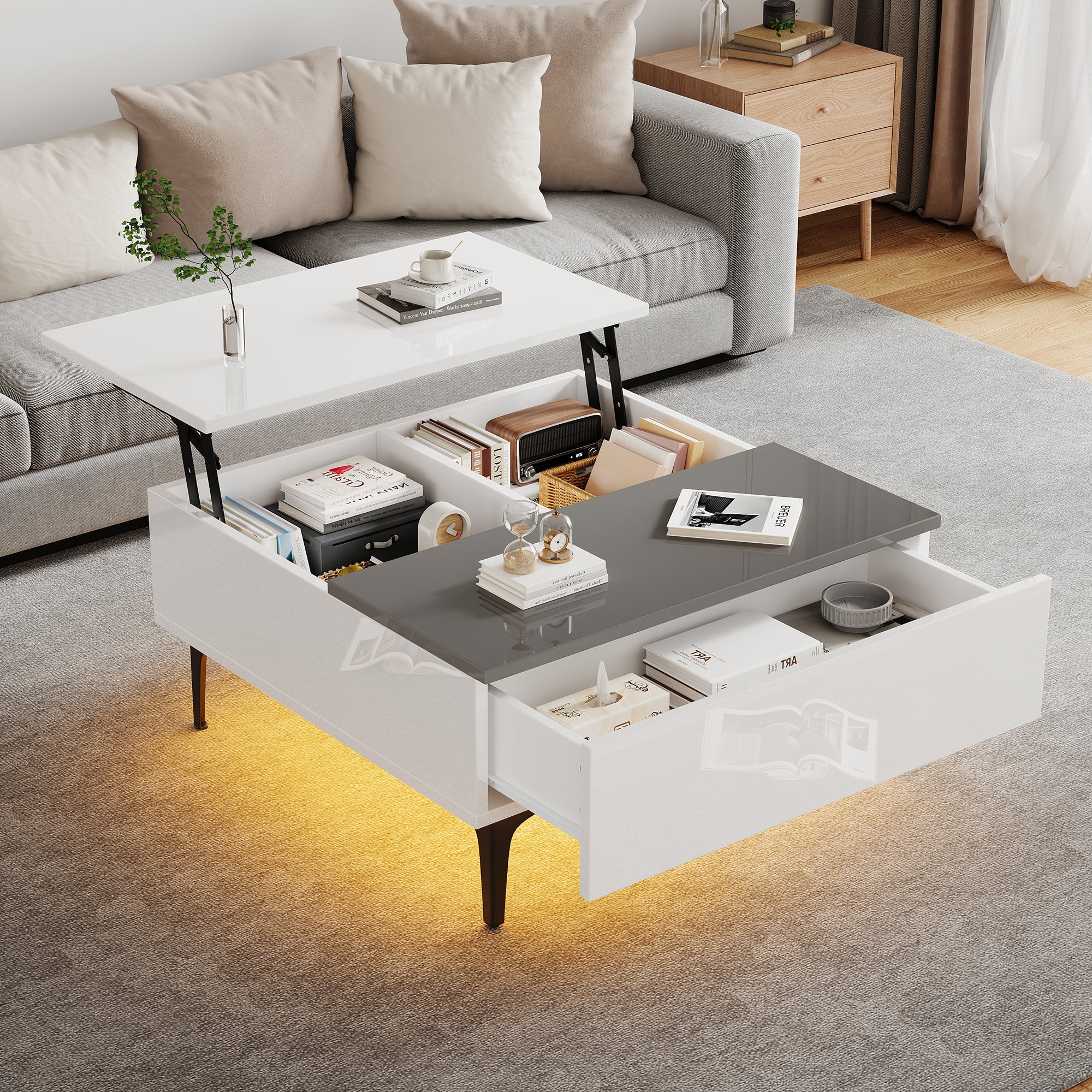 Coffee Table, Height-Adjustable with Hidden Storage and Shelves, White High-Gloss