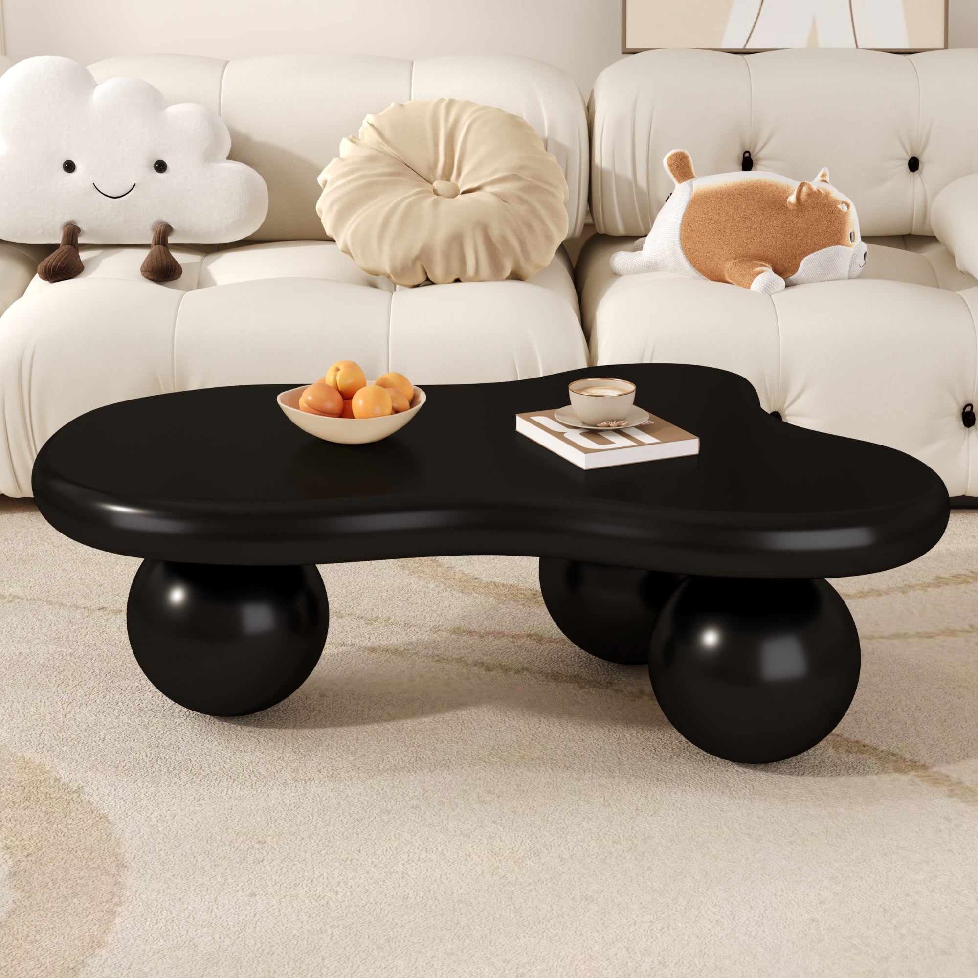 Coffee Table, Cloud-Shaped with LED Lighting & Round Legs, Black