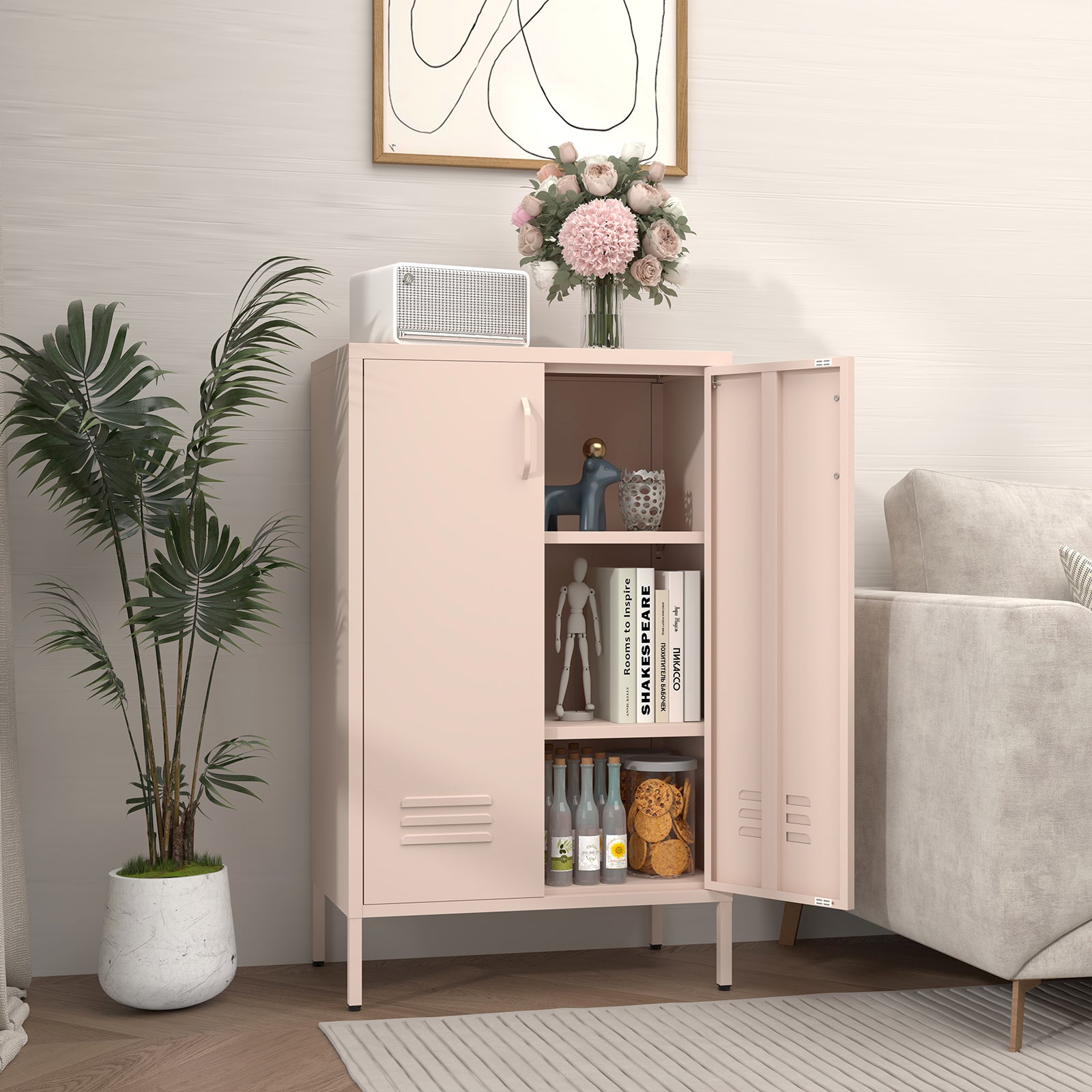 2 Door Metal Storage Cabinet with 2 Adjustable Shelves, Pink