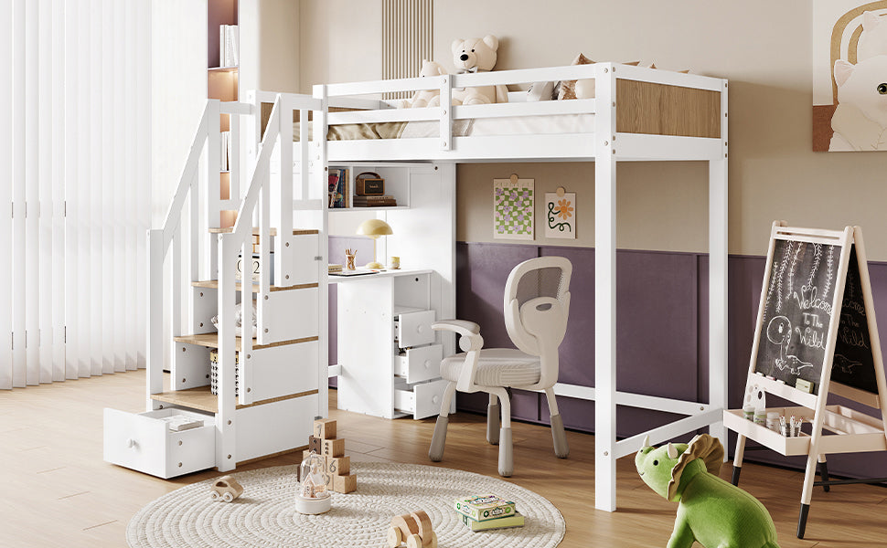 Bunk Bed with Safety Gate, Desk & Storage, Pine+MDF White+Natural